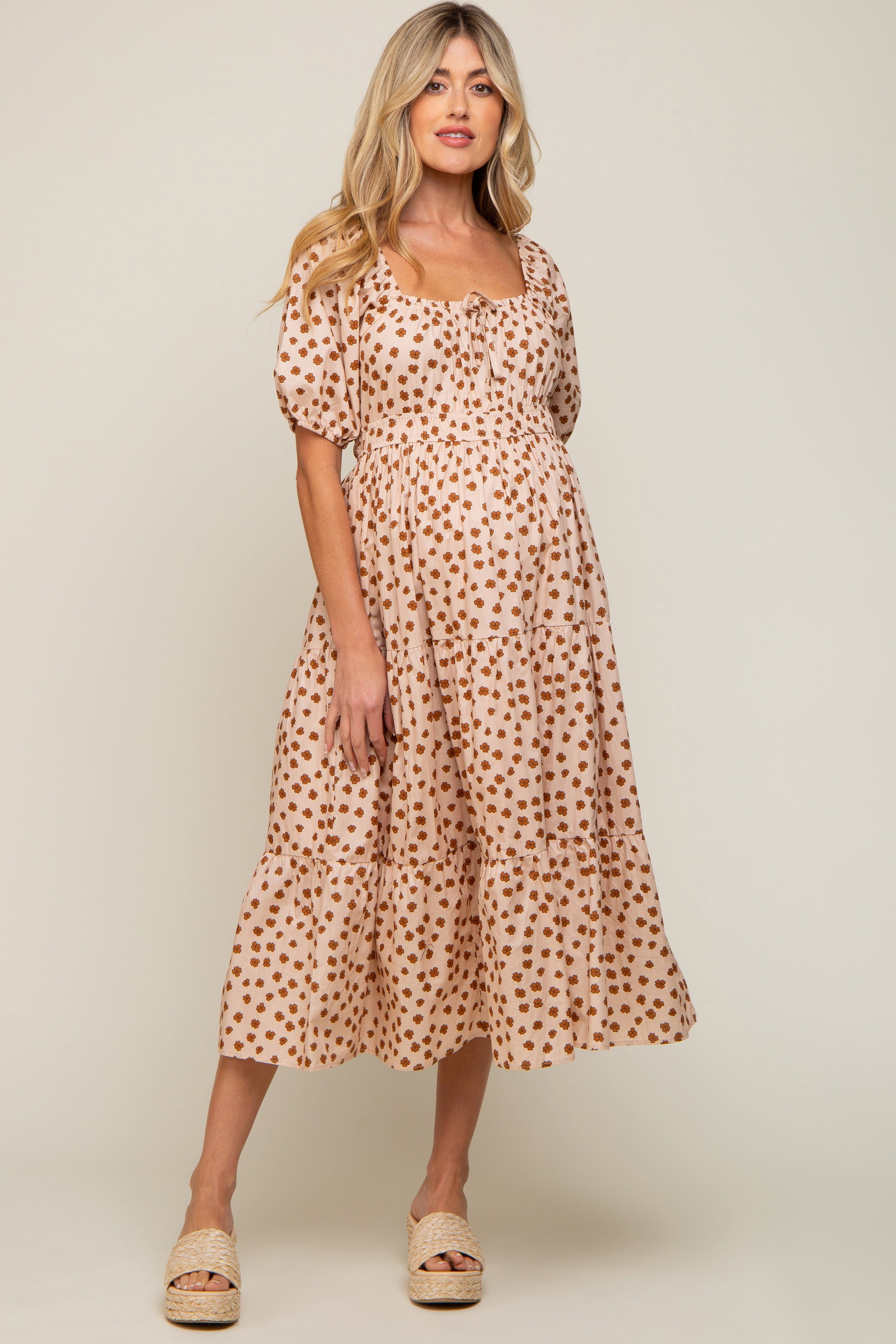 Taupe Floral Puff Sleeve Tiered Maternity Midi Dress sold by Pinkblush