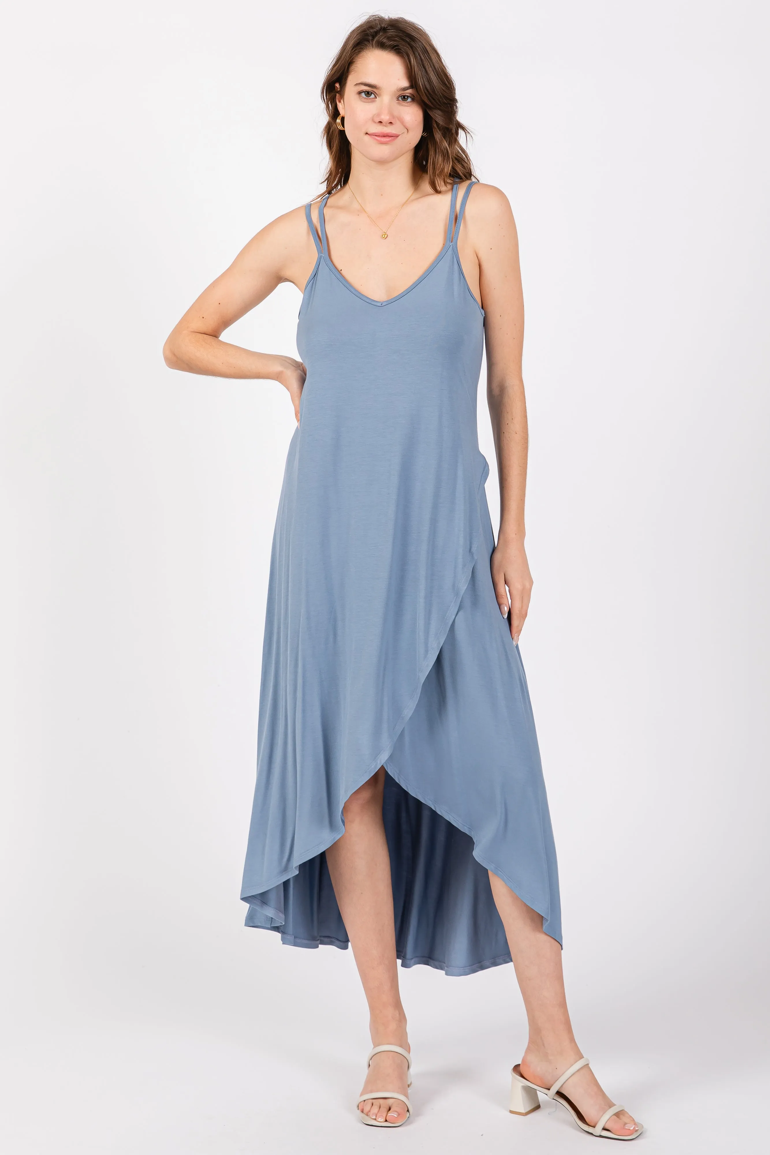 Blue Sleeveless Crisscross High-Low Wrap Midi Dress sold by Pinkblush