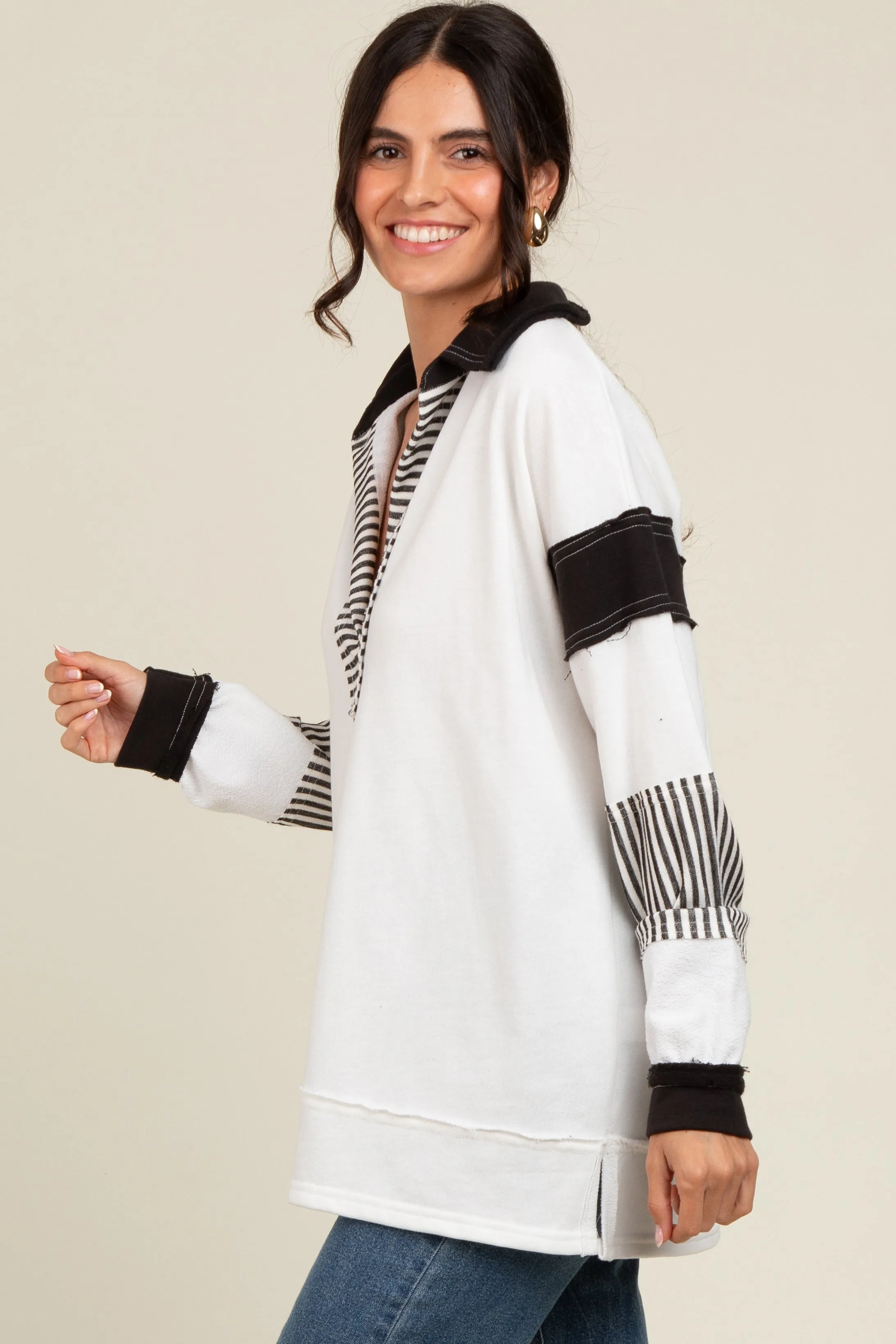 Ivory Striped Colorblock Collared Pullover Top sold by Pinkblush product image thumbnail 3