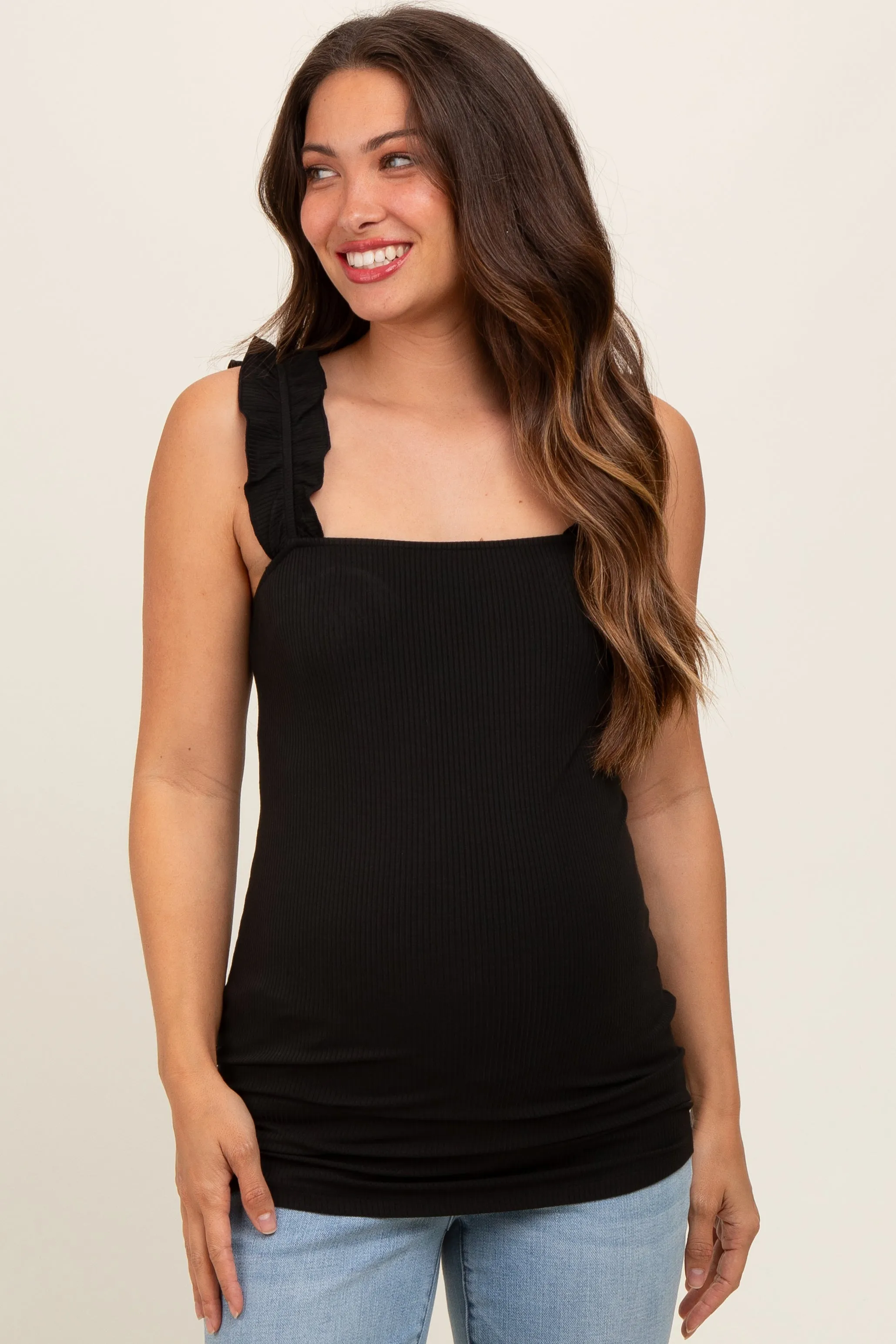 Black Ribbed Ruffle Strap Sleeveless Maternity Top sold by Pinkblush