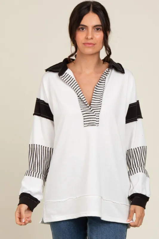 Ivory Striped Colorblock Collared Pullover Top sold by Pinkblush