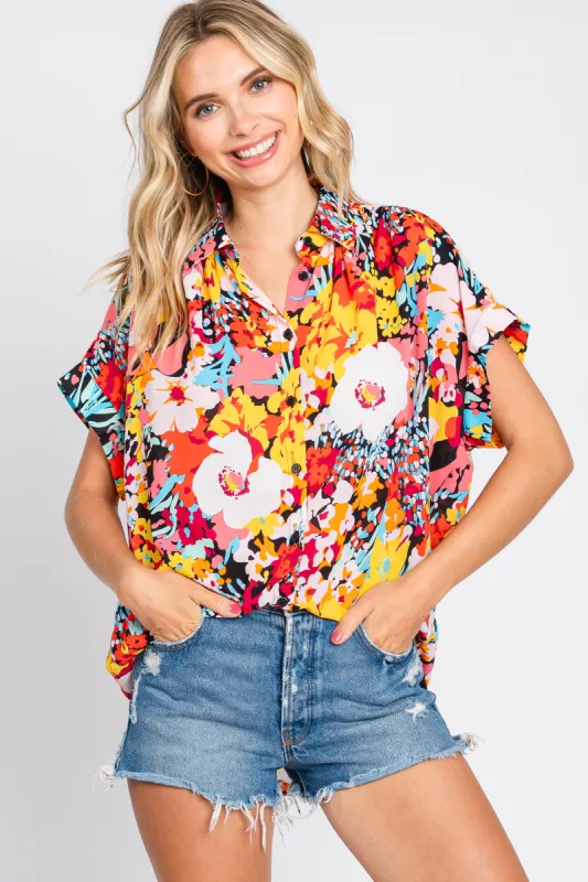Black Abstract Floral Button Down Top sold by Pinkblush