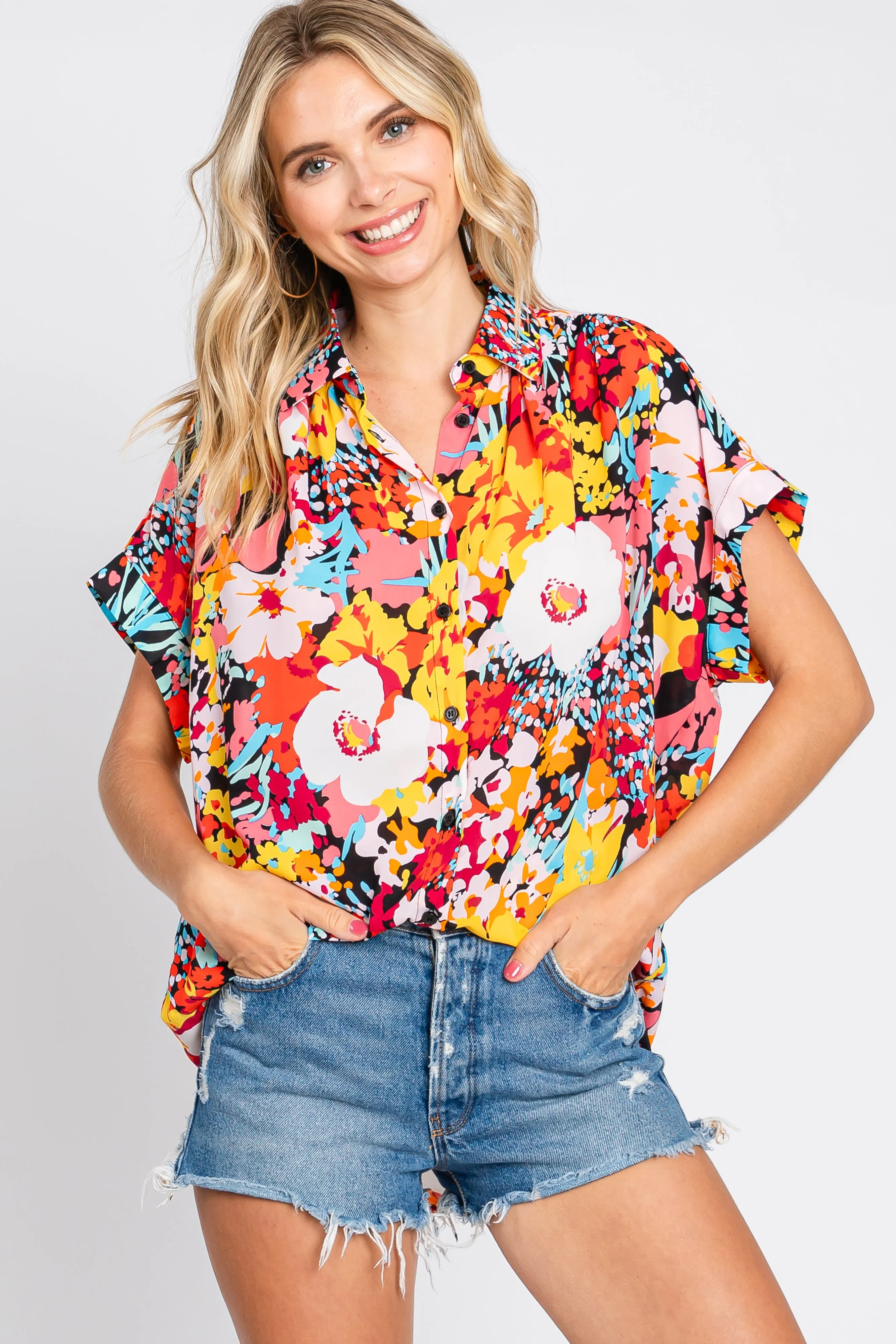 Black Abstract Floral Button Down Top sold by Pinkblush