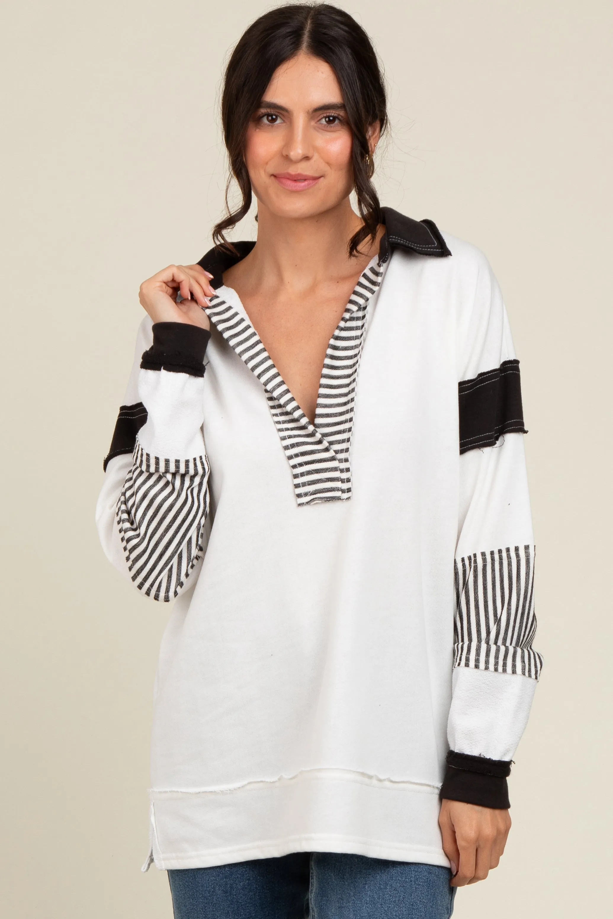 Ivory Striped Colorblock Collared Pullover Top sold by Pinkblush product image thumbnail 2