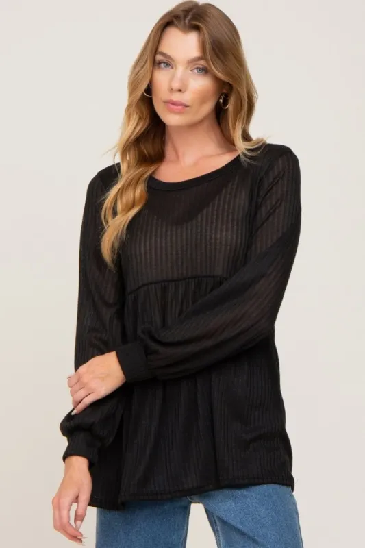 Black Knit Ribbed Babydoll Top sold by Pinkblush