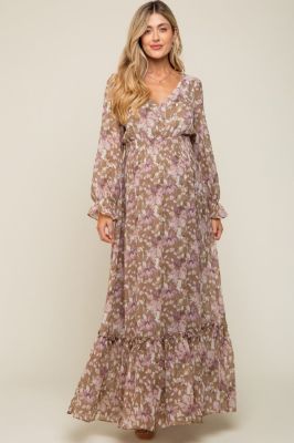 Mocha Floral Chiffon Button Front Smocked Waist Maternity Maxi Dress sold by Pinkblush