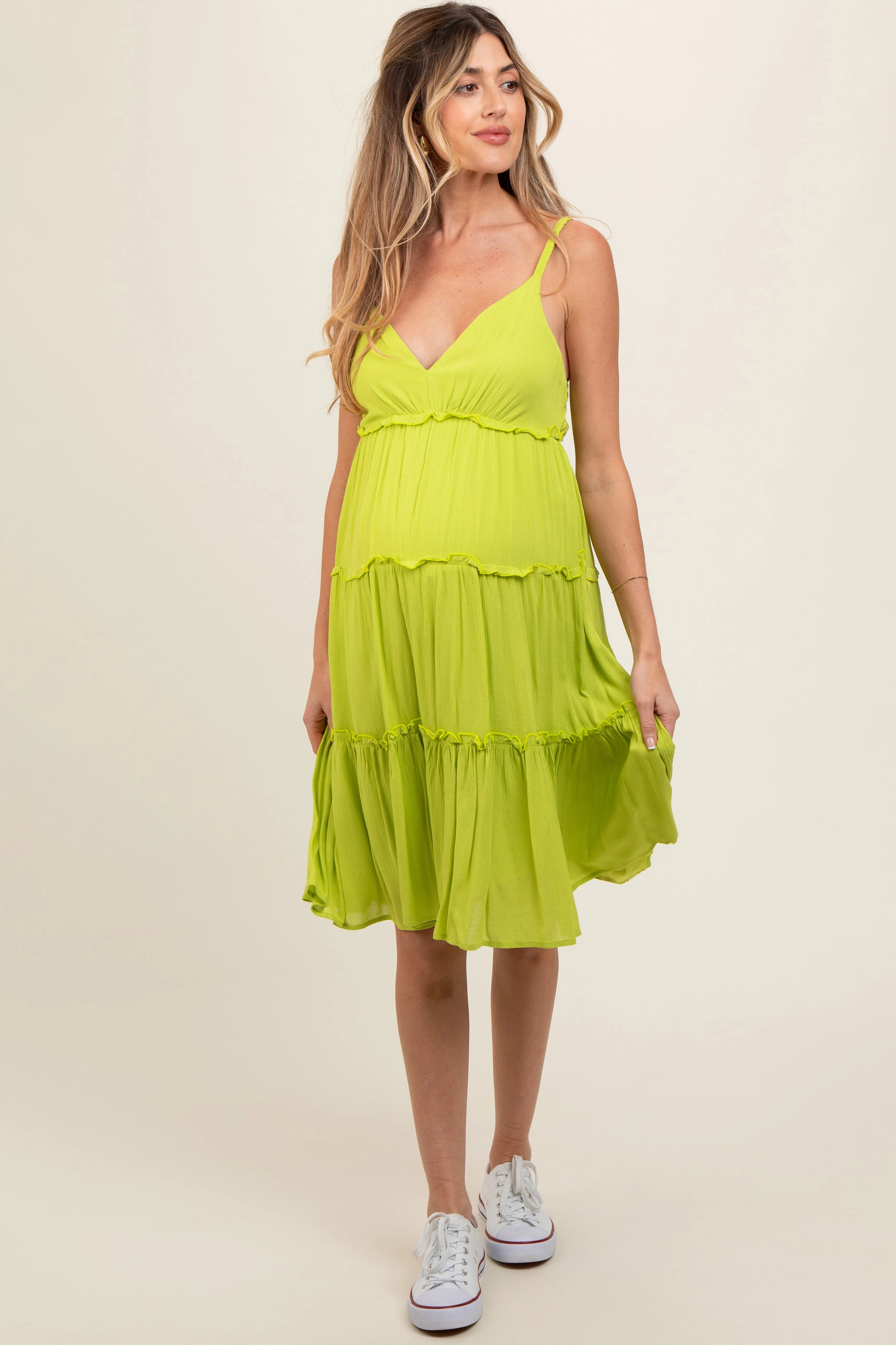 Lime Yellow Ruffle Tiered Cutout Back Tie Maternity Dress sold by Pinkblush product image thumbnail 2