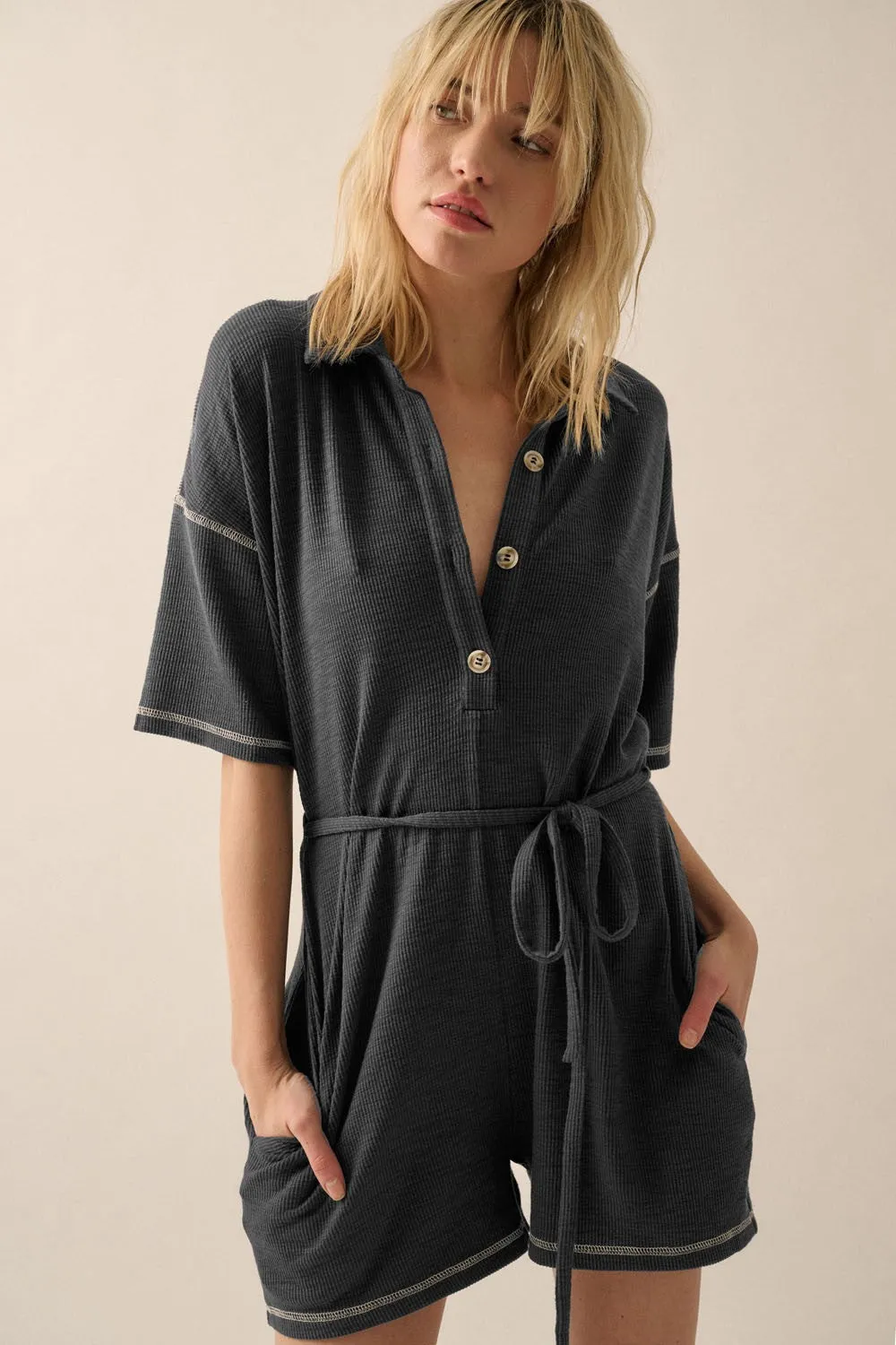Charcoal Front Button Contrast Stitch Maternity Romper sold by Pinkblush product image thumbnail 5