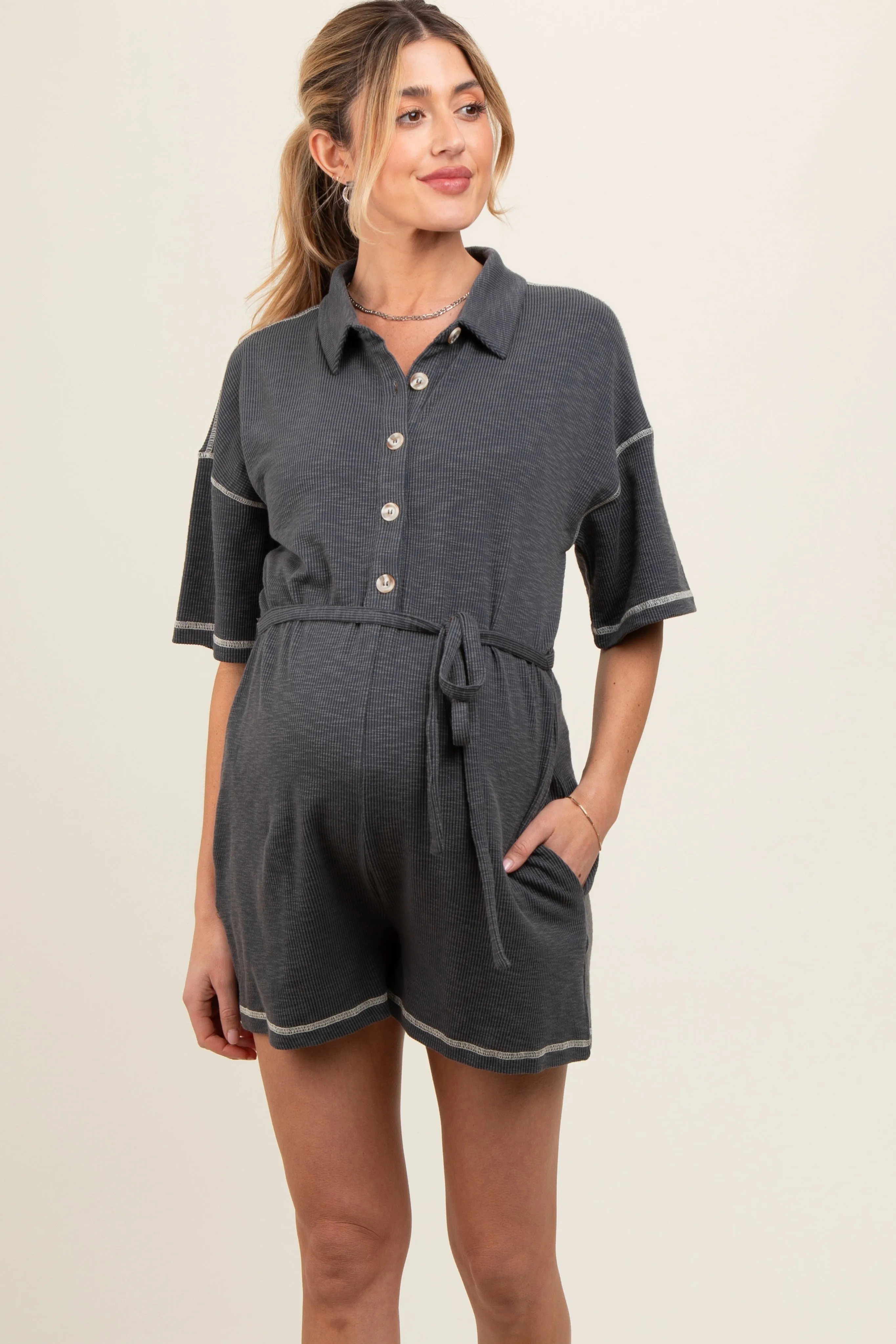 Charcoal Front Button Contrast Stitch Maternity Romper sold by Pinkblush product image thumbnail 2