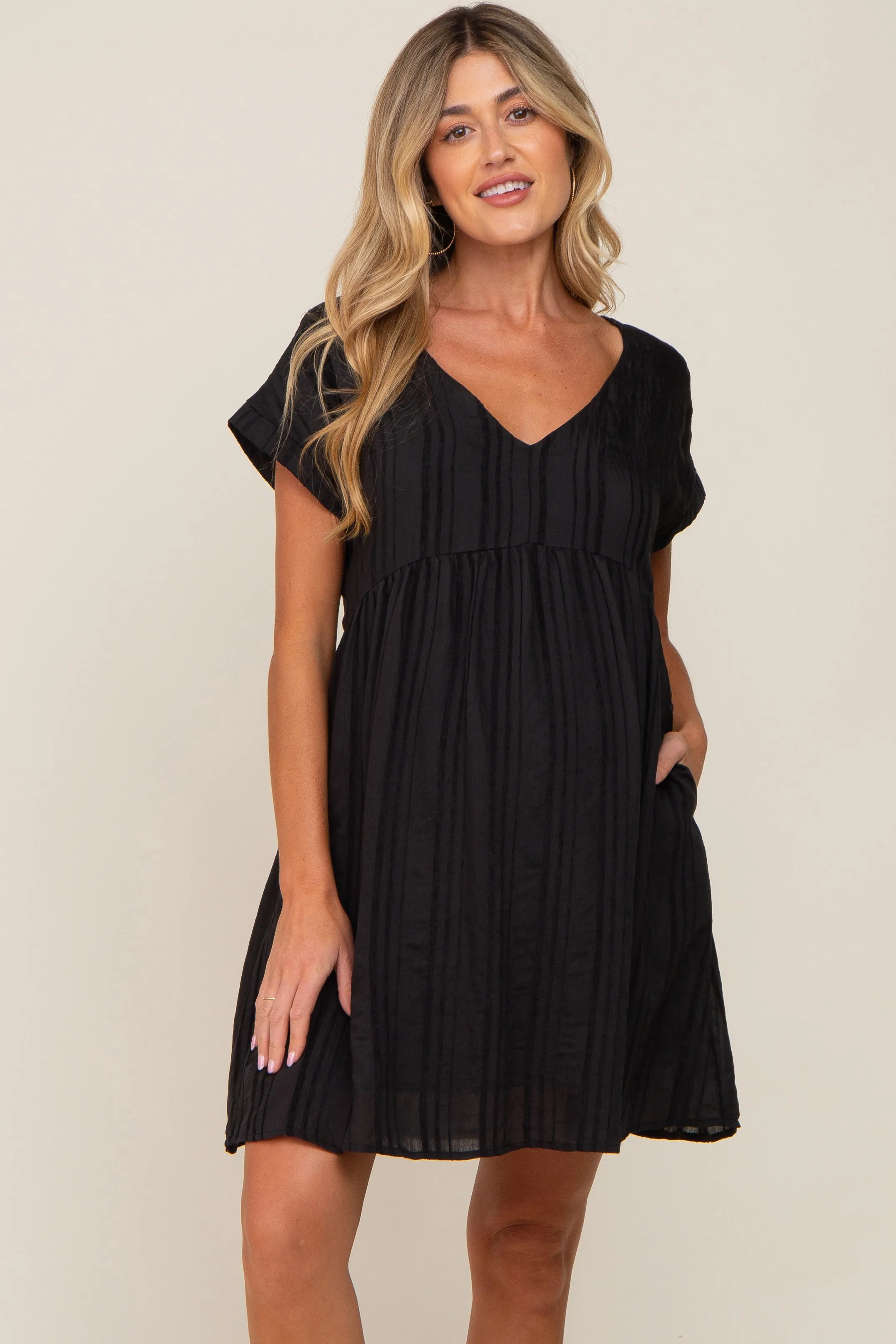 Black Striped Pocketed Maternity Dress sold by Pinkblush