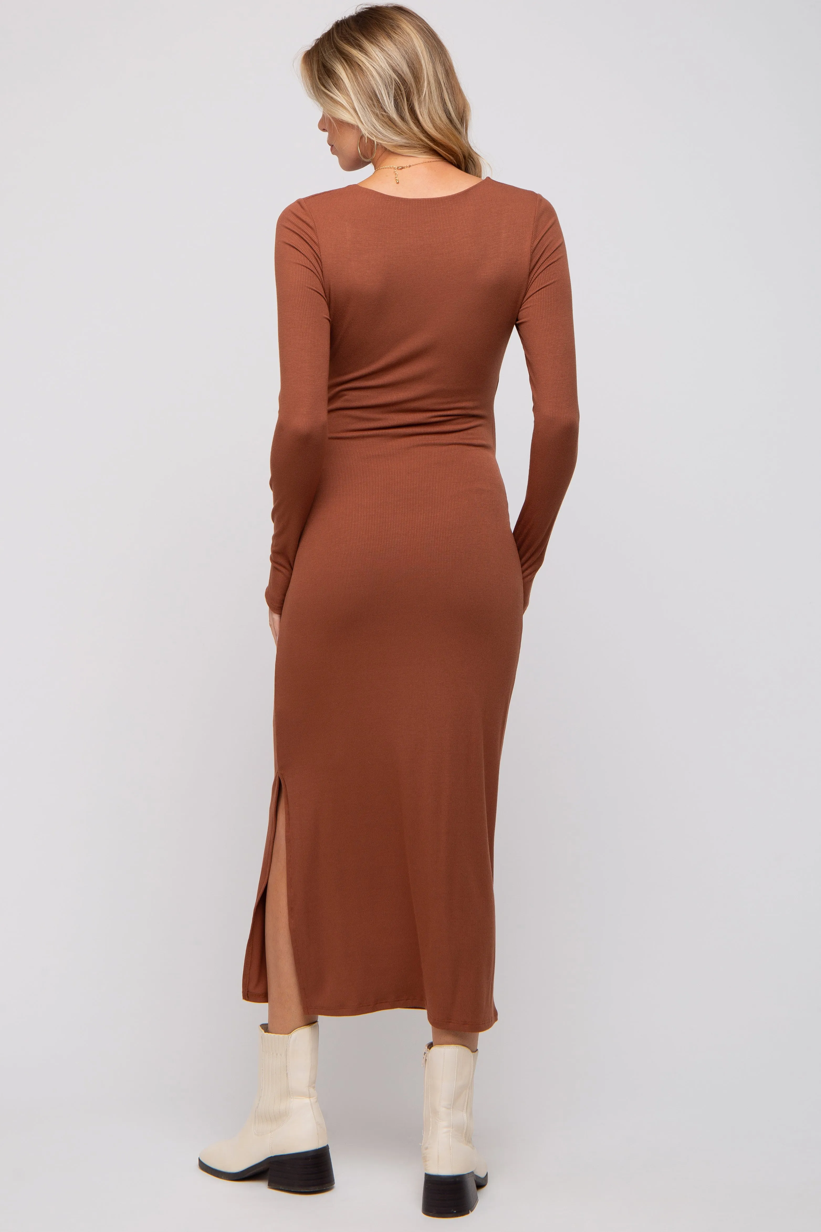 Brown Ribbed Side Slit Maternity Midi Dress sold by Pinkblush product image thumbnail 4