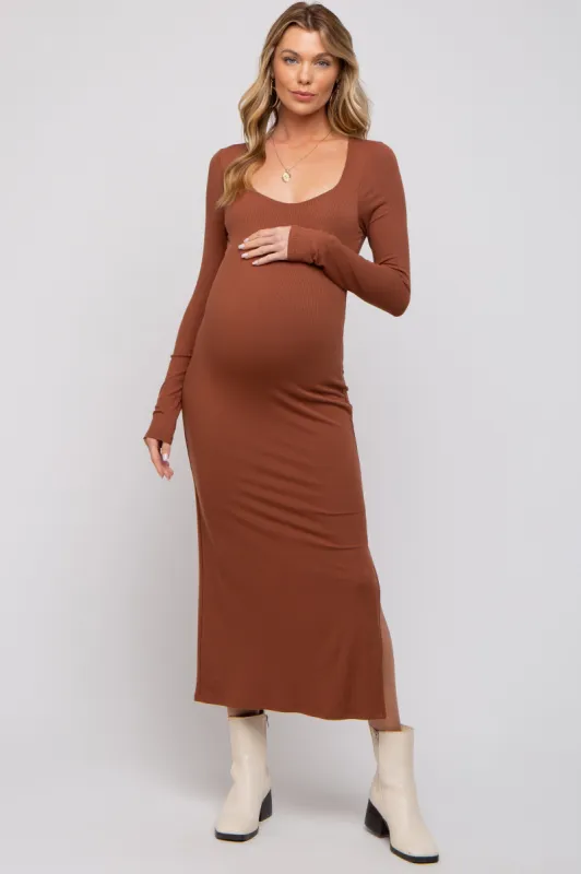 Brown Ribbed Side Slit Maternity Midi Dress sold by Pinkblush