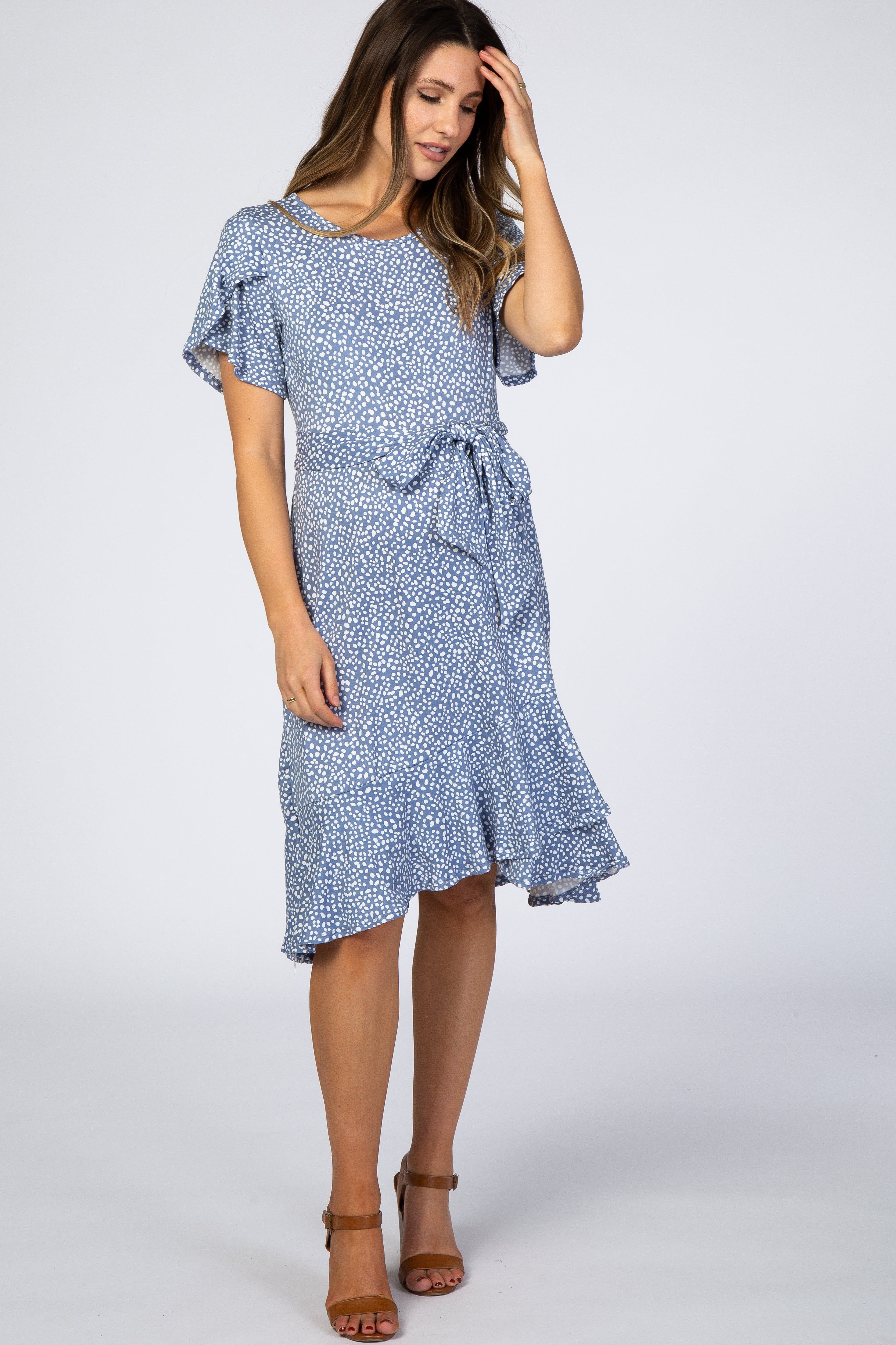 Blue Polka Dot Ruffle Maternity Dress sold by Pinkblush