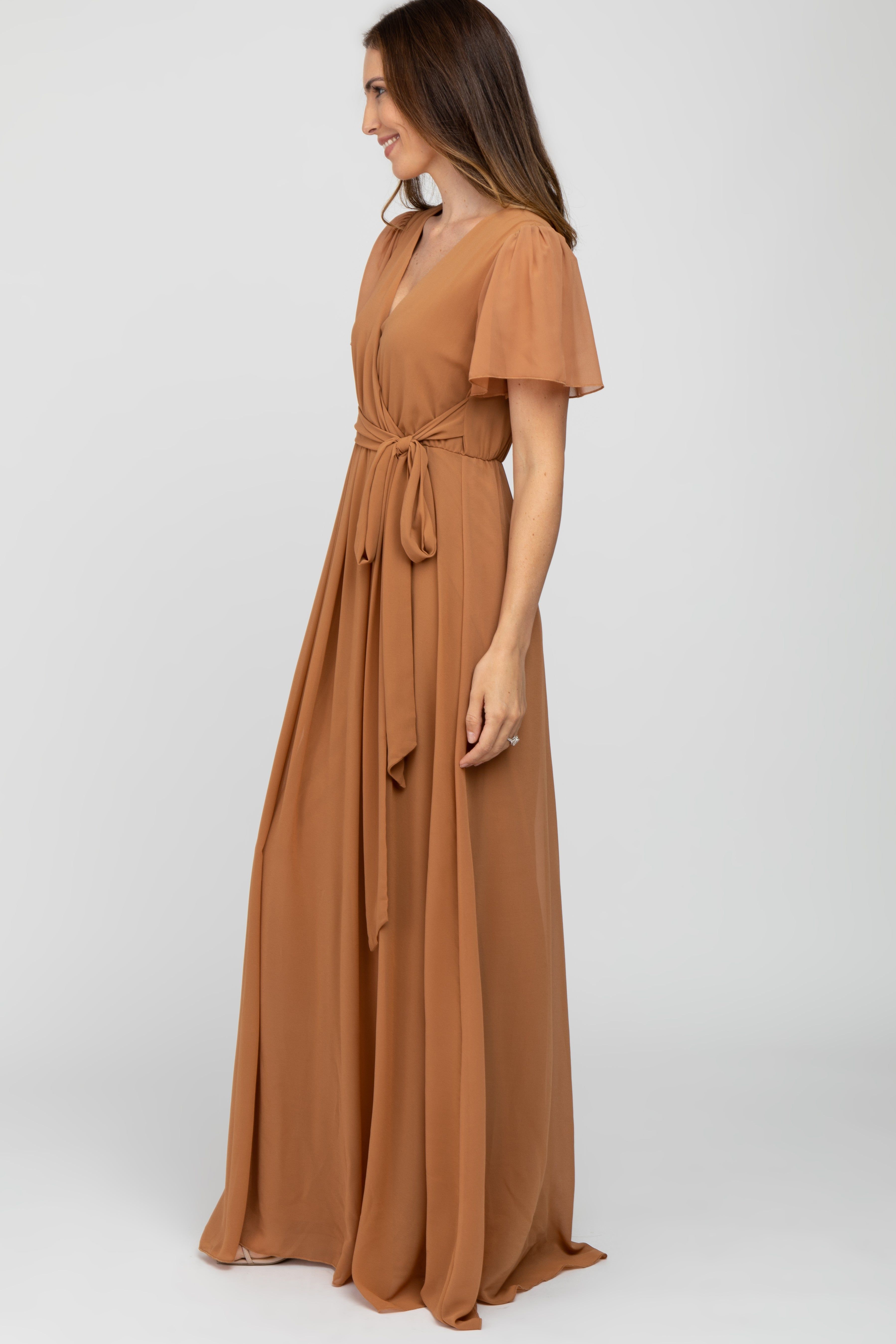 Camel Chiffon Short Sleeve Maxi Dress sold by Pinkblush product image thumbnail 2