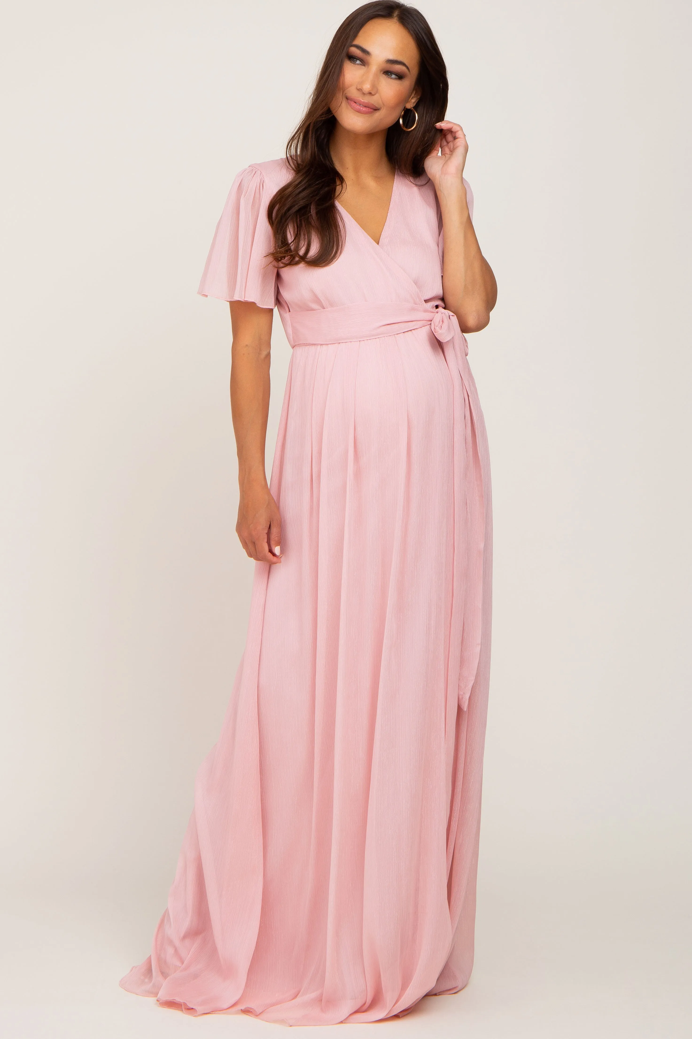 Light Pink Metallic Shimmer Chiffon Maternity Maxi Dress sold by Pinkblush product image thumbnail 4