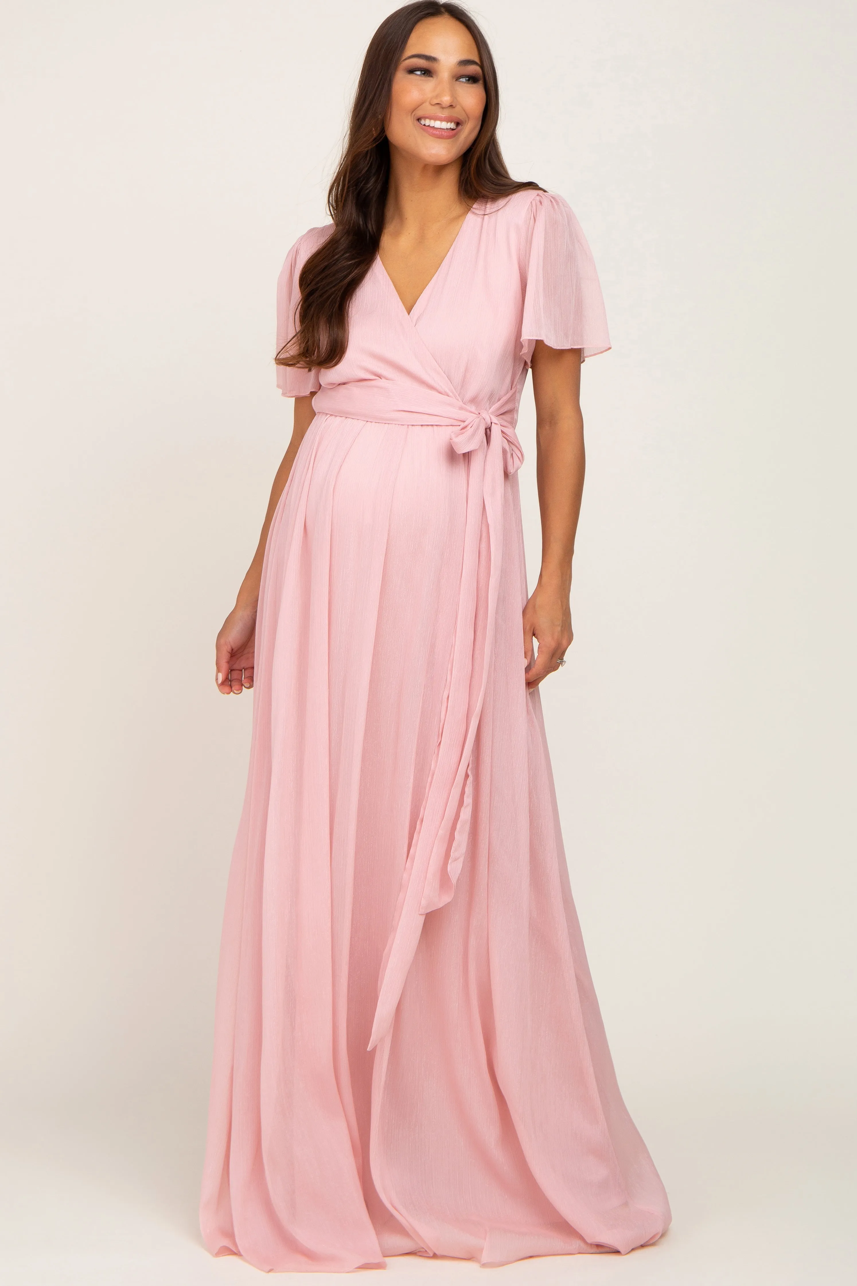 Light Pink Metallic Shimmer Chiffon Maternity Maxi Dress sold by Pinkblush