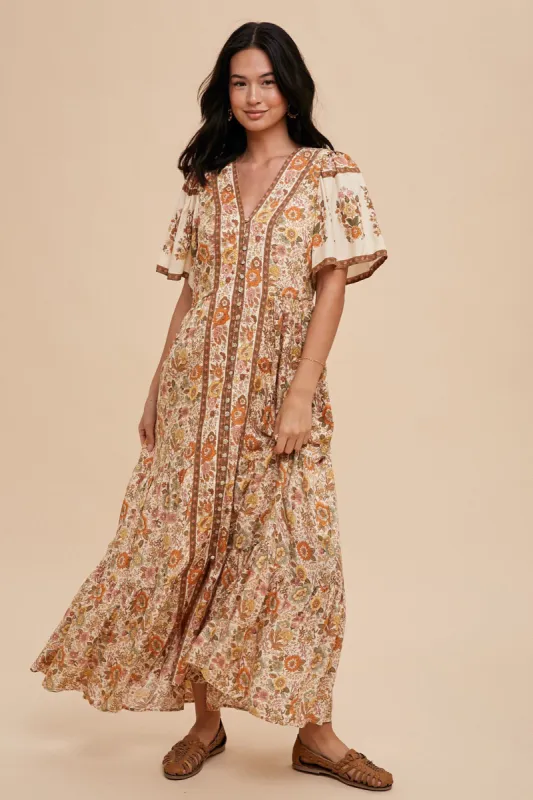 Cream Border Print Button Front Midi Dress sold by Pinkblush