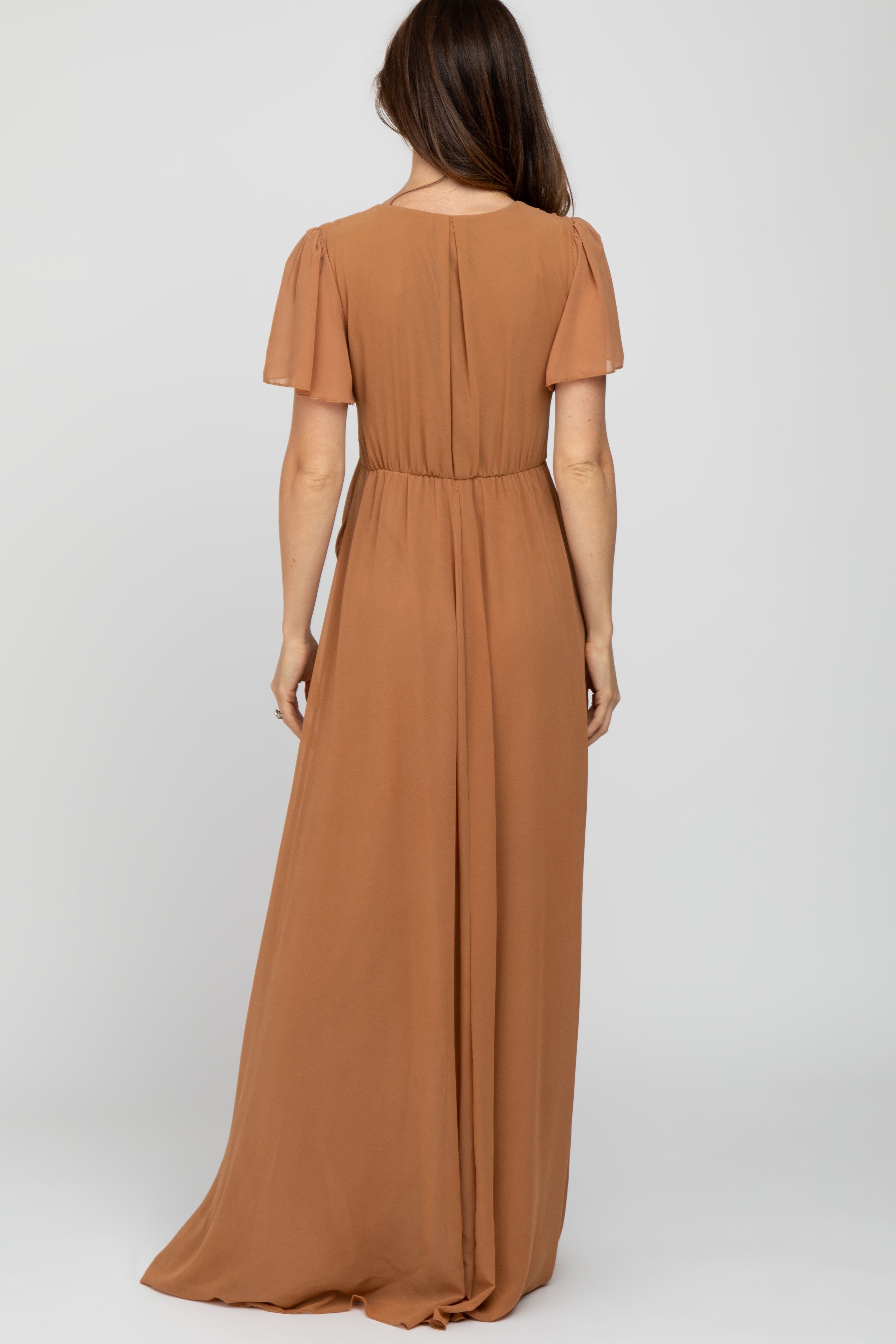 Camel Chiffon Short Sleeve Maxi Dress sold by Pinkblush product image thumbnail 3