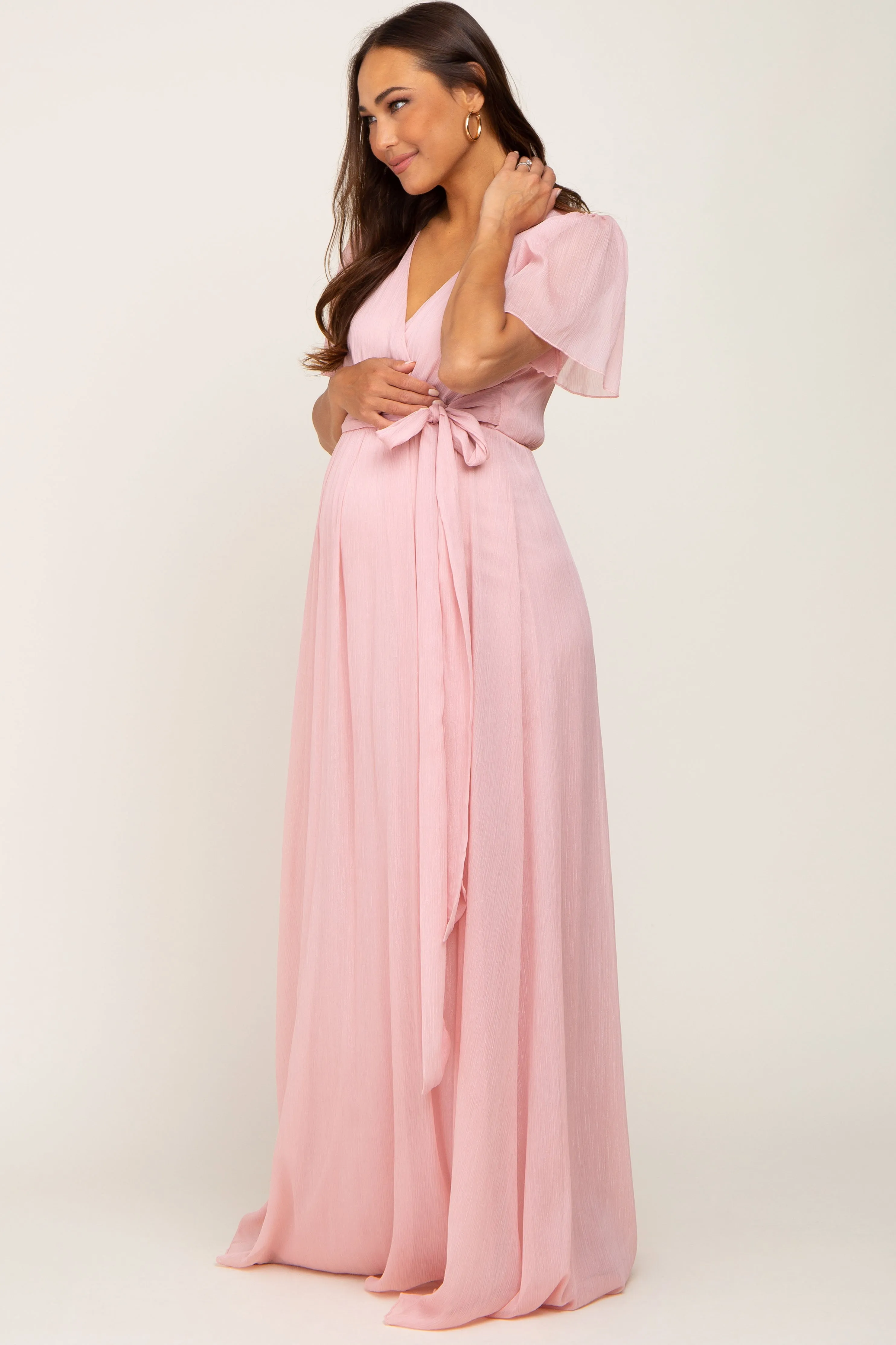 Light Pink Metallic Shimmer Chiffon Maternity Maxi Dress sold by Pinkblush product image thumbnail 2
