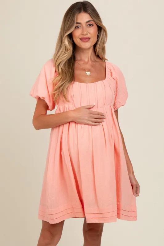 Peach Puff Sleeve Layered Hem Maternity Dress sold by Pinkblush