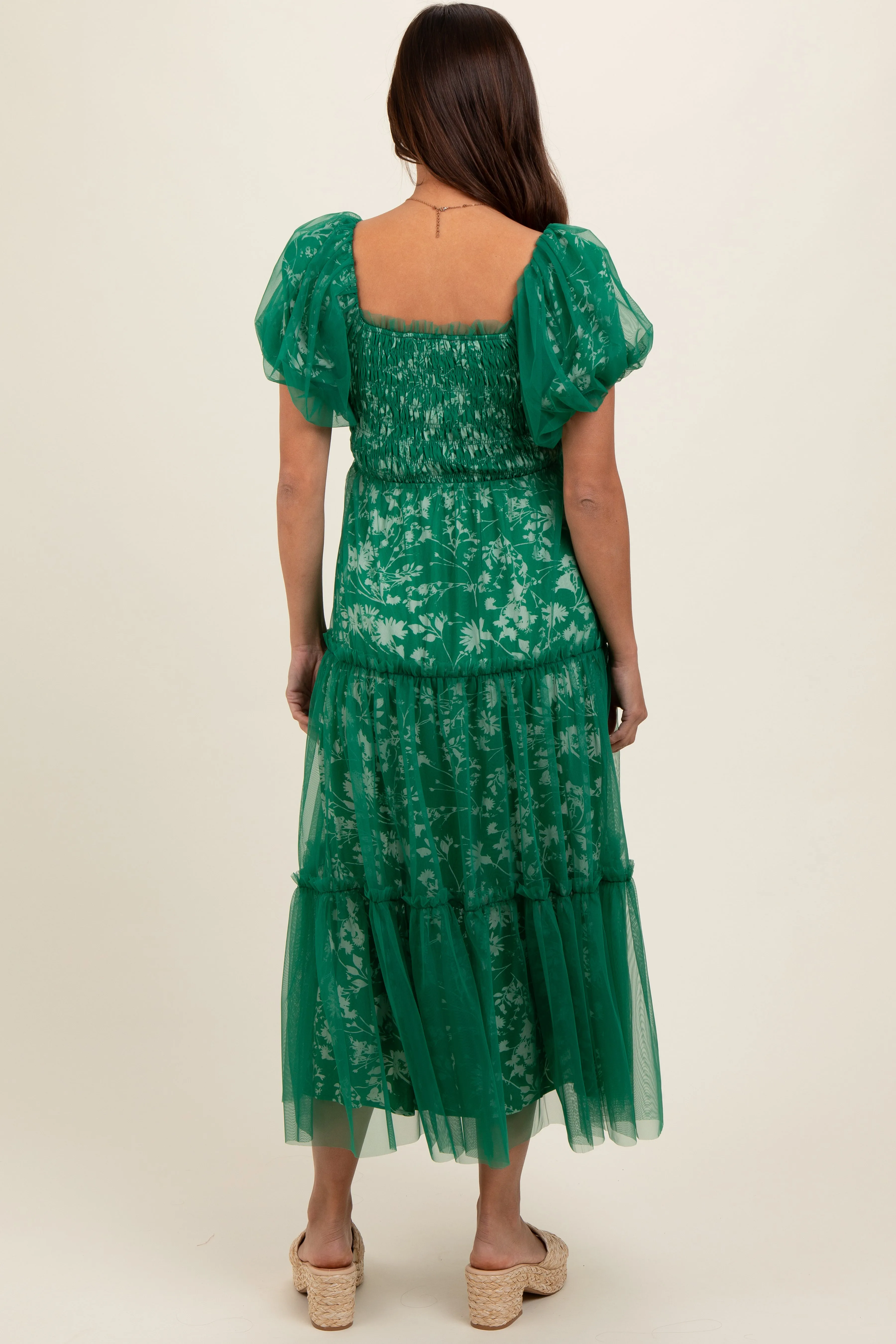 Forest Green Floral Lined Smocked Tulle Maternity Midi Dress sold by Pinkblush product image thumbnail 3