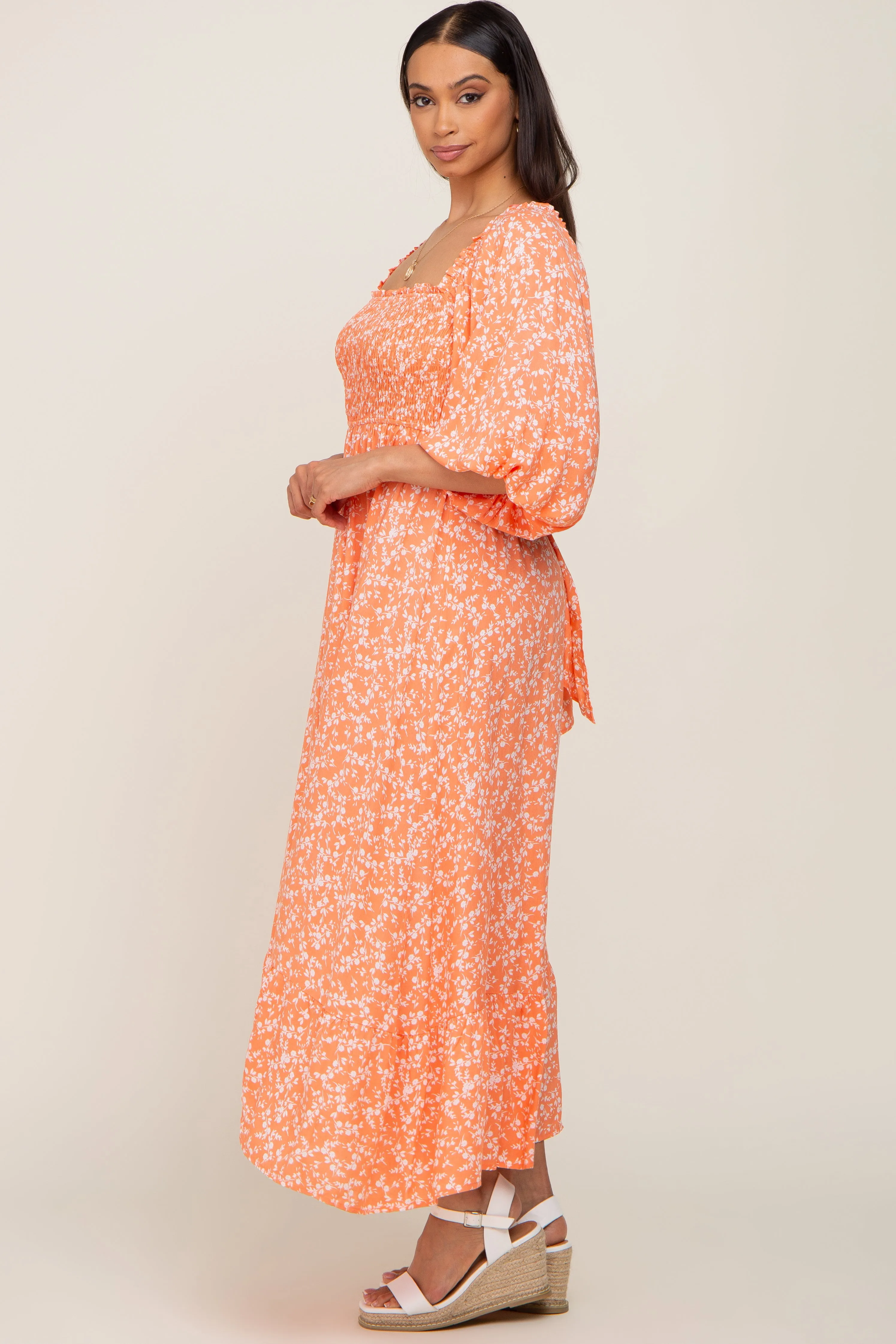 Coral Floral Smocked Tie Back Midi Dress sold by Pinkblush product image thumbnail 2