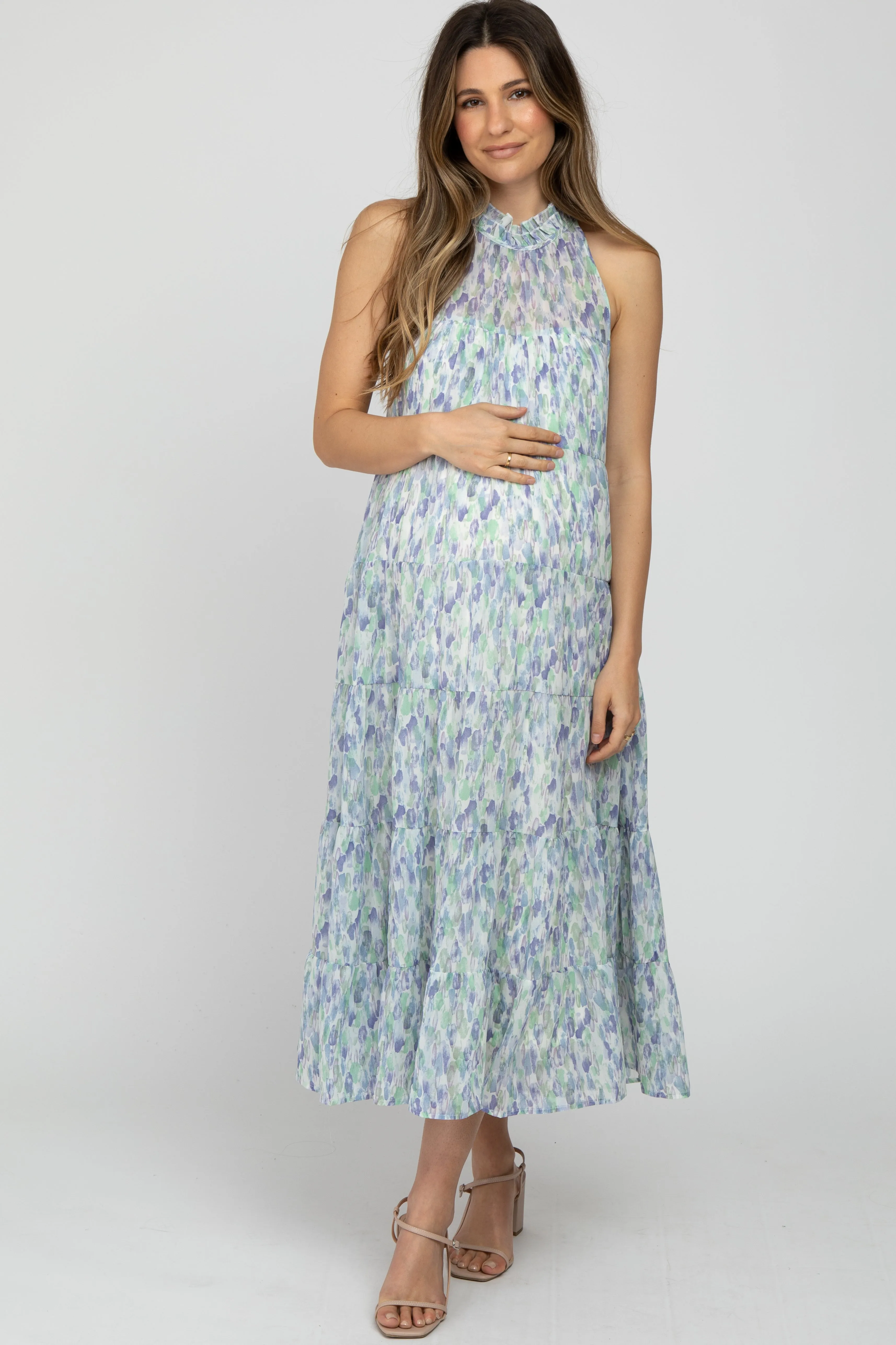Blue Printed Sleeveless Tiered Maternity Midi Dress sold by Pinkblush product image thumbnail 2