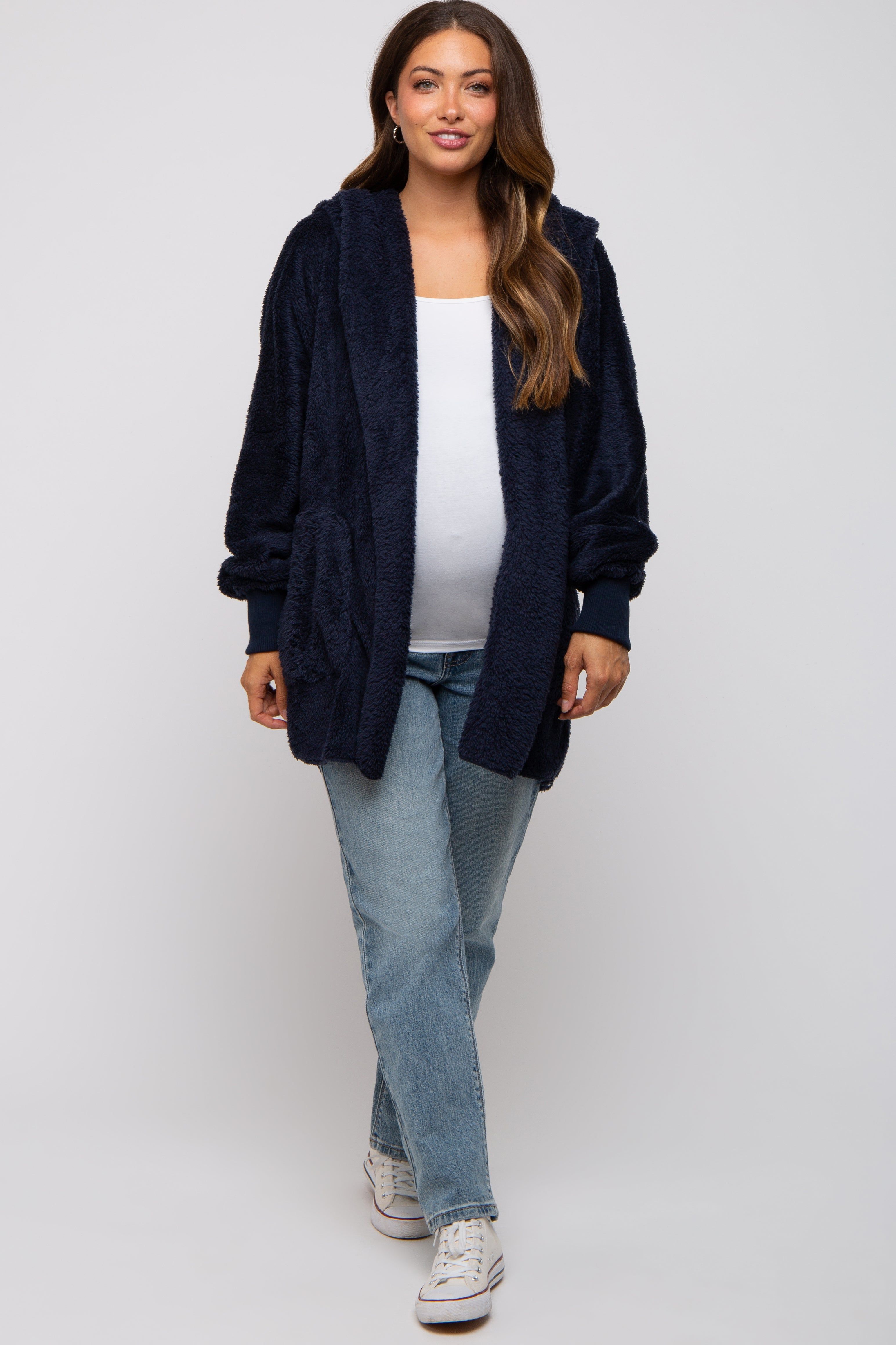 Navy Fuzzy Hooded Long Sleeve Maternity Jacket sold by Pinkblush product image thumbnail 2