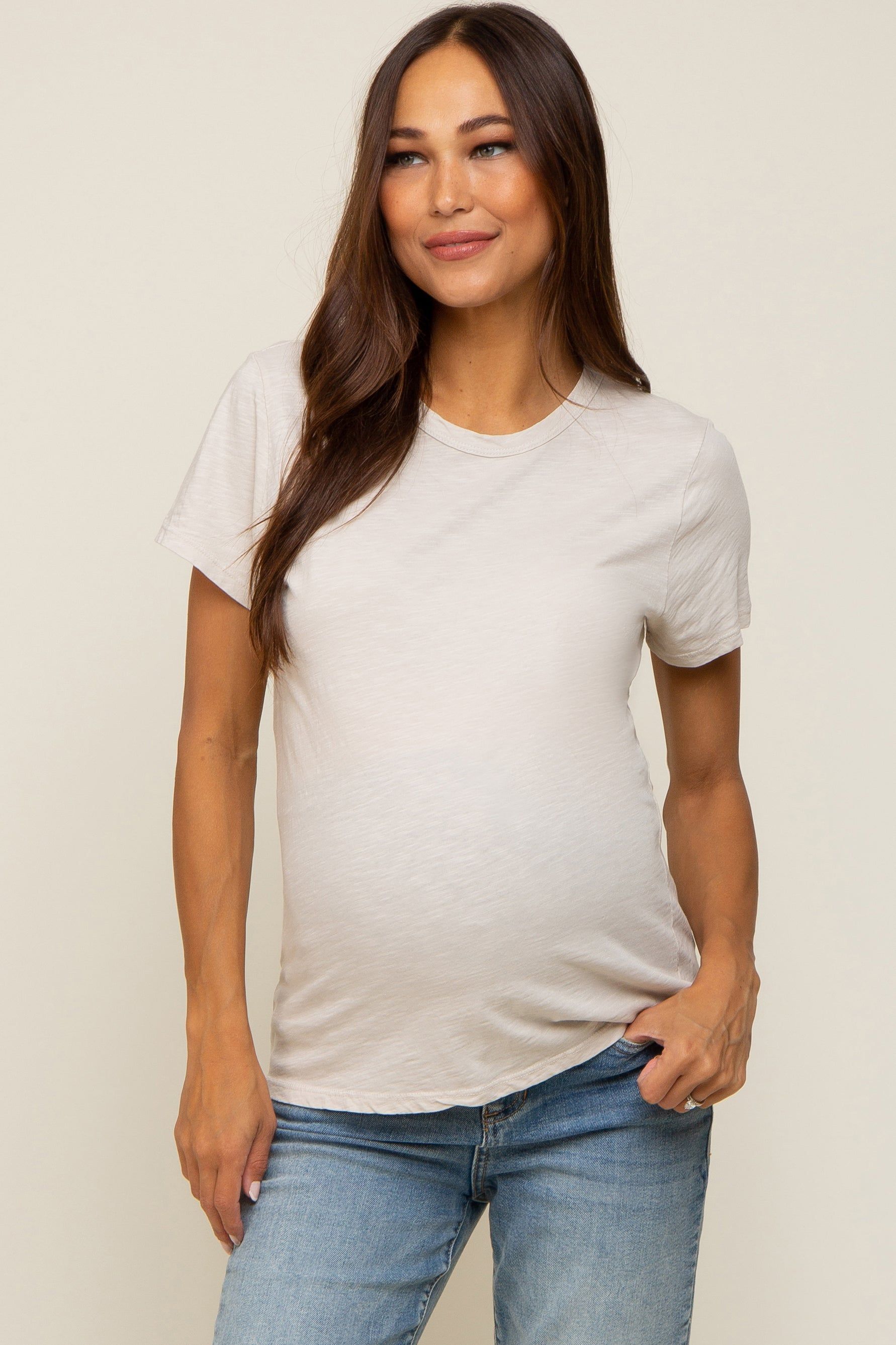 Beige Slub Knit Cropped Maternity T-Shirt sold by Pinkblush