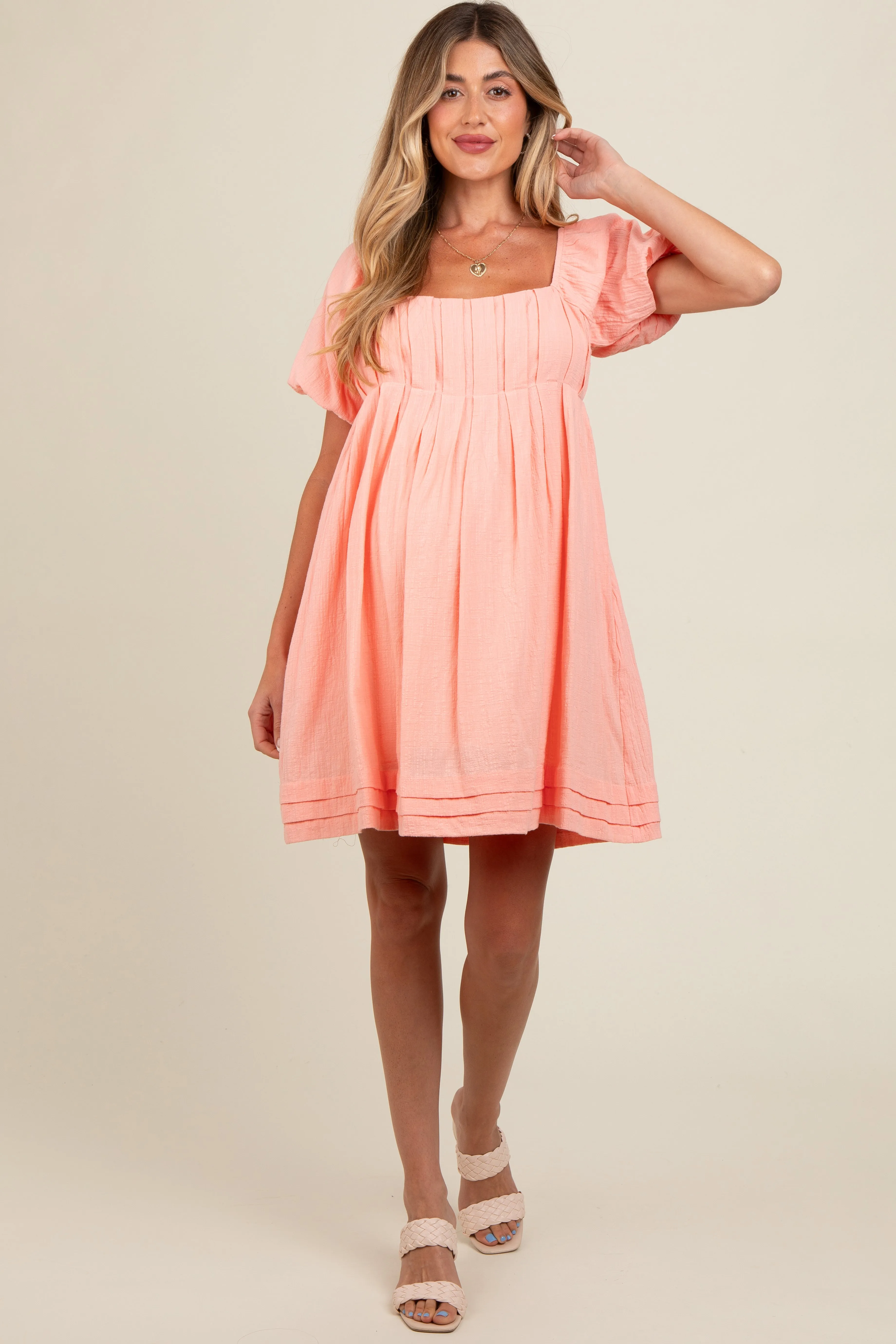 Peach Puff Sleeve Layered Hem Maternity Dress sold by Pinkblush product image thumbnail 2