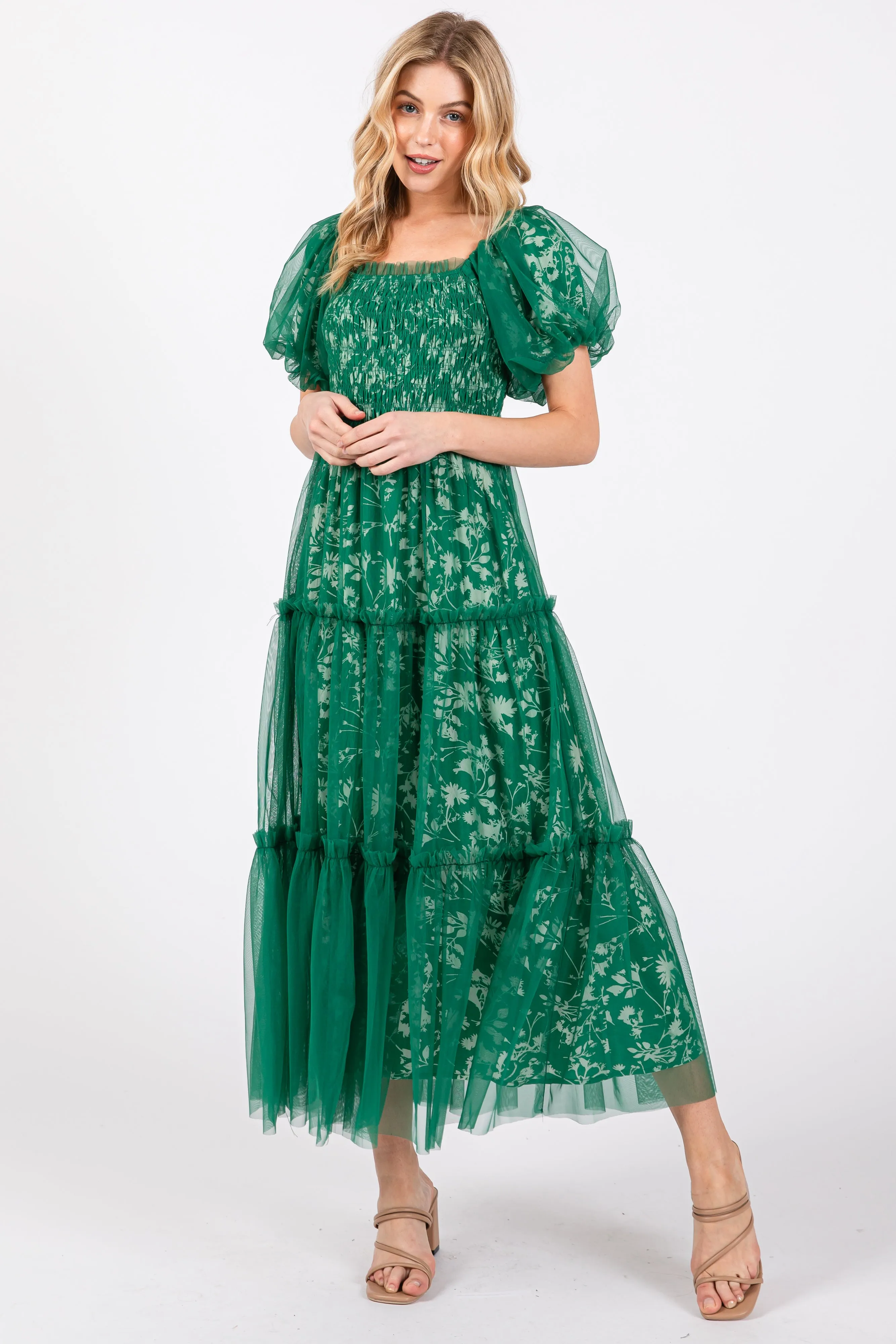 Forest Green Floral Lined Smocked Tulle Maternity Midi Dress sold by Pinkblush product image thumbnail 4