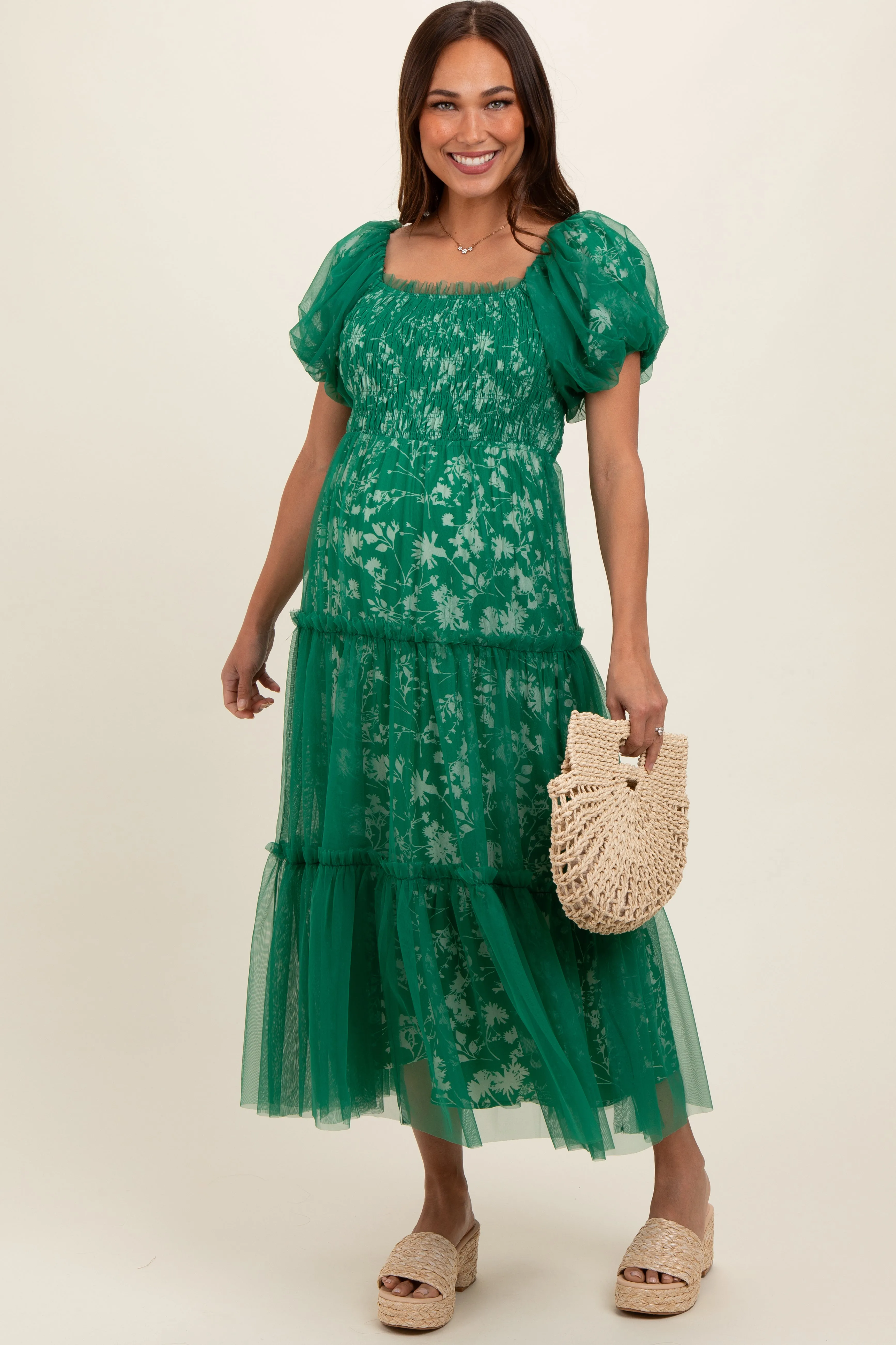 Forest Green Floral Lined Smocked Tulle Maternity Midi Dress sold by Pinkblush