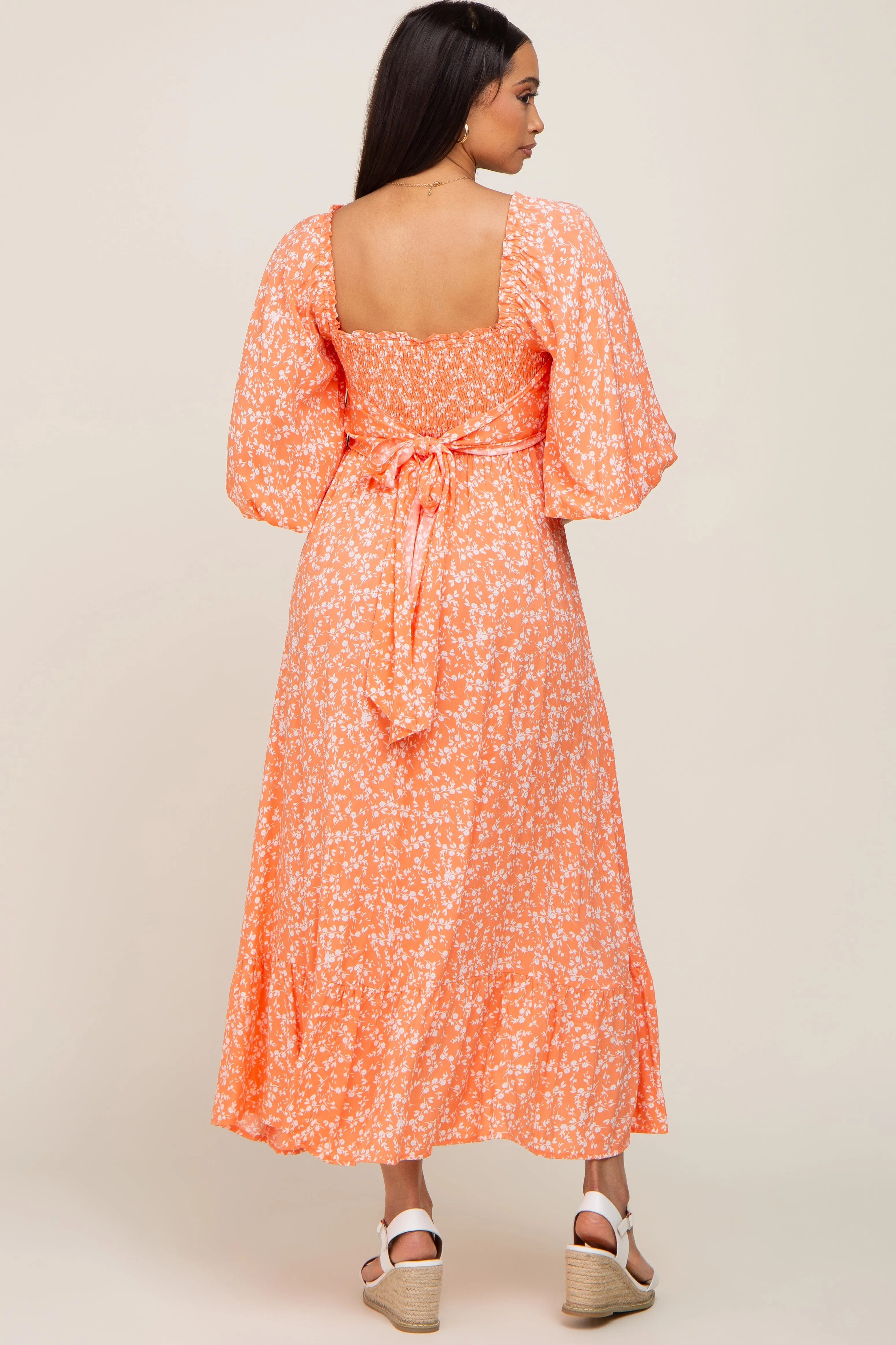 Coral Floral Smocked Tie Back Midi Dress sold by Pinkblush product image thumbnail 3