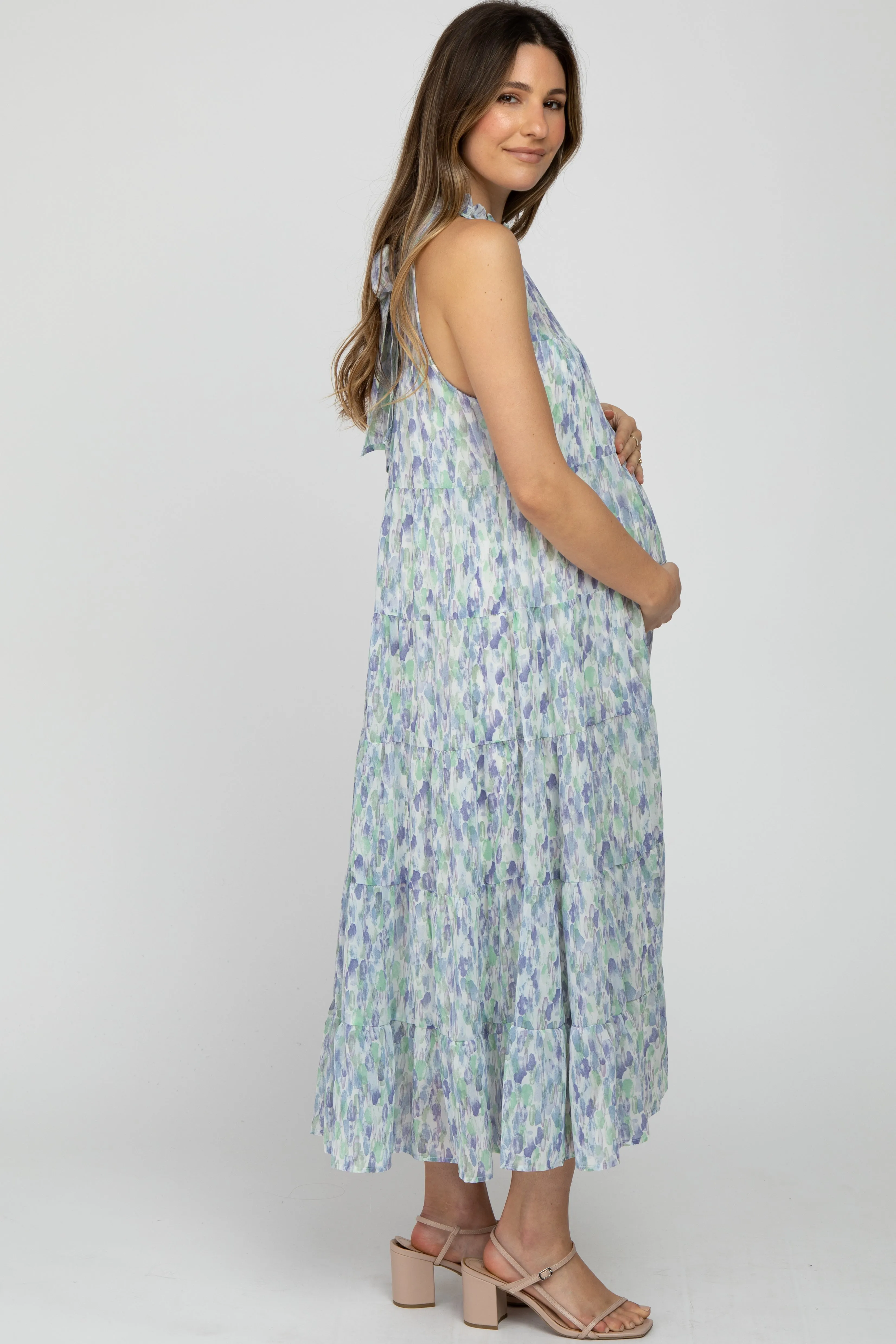 Blue Printed Sleeveless Tiered Maternity Midi Dress sold by Pinkblush product image thumbnail 3