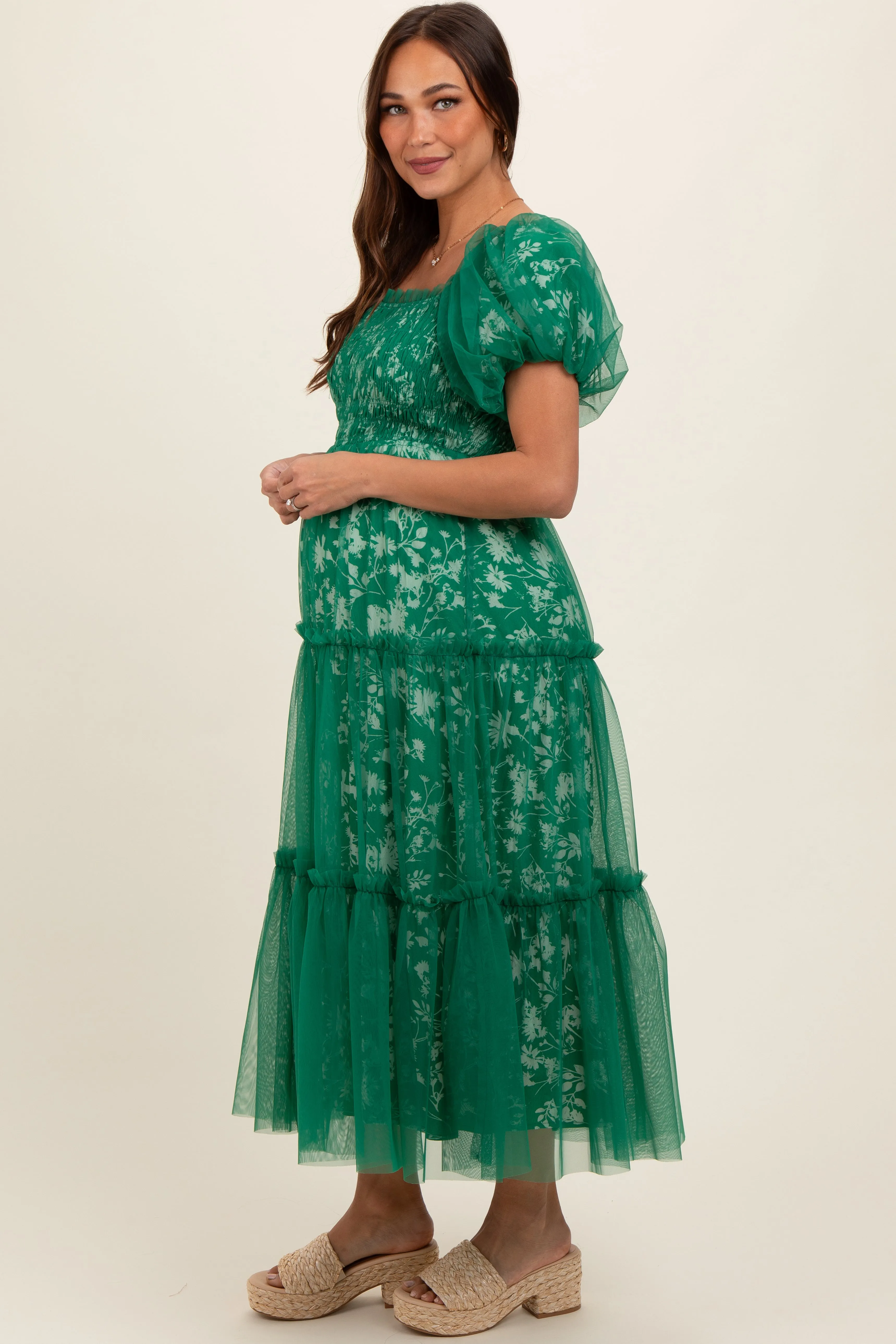 Forest Green Floral Lined Smocked Tulle Maternity Midi Dress sold by Pinkblush product image thumbnail 2