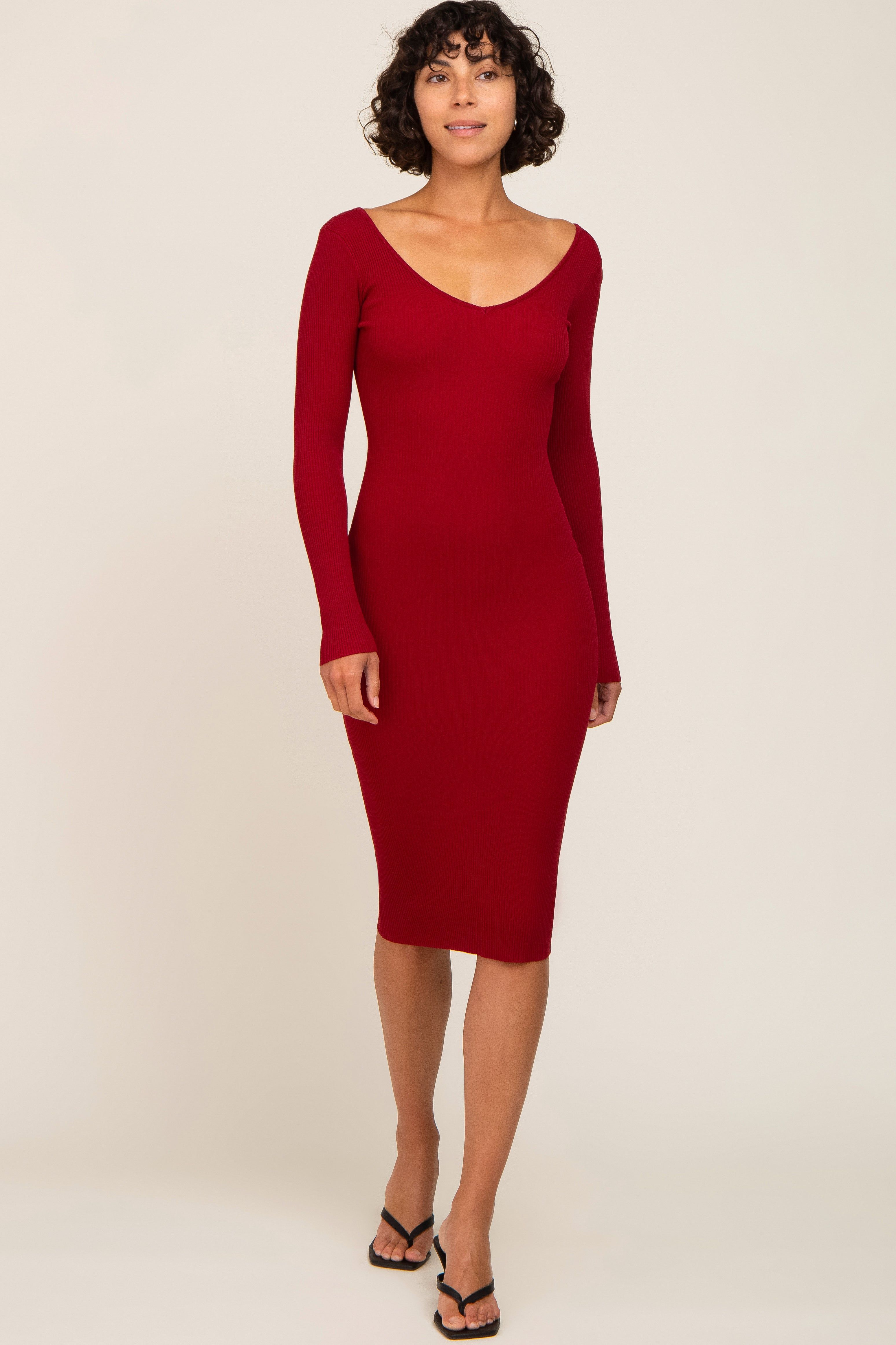 Burgundy Knit Ribbed Midi Dress sold by Pinkblush