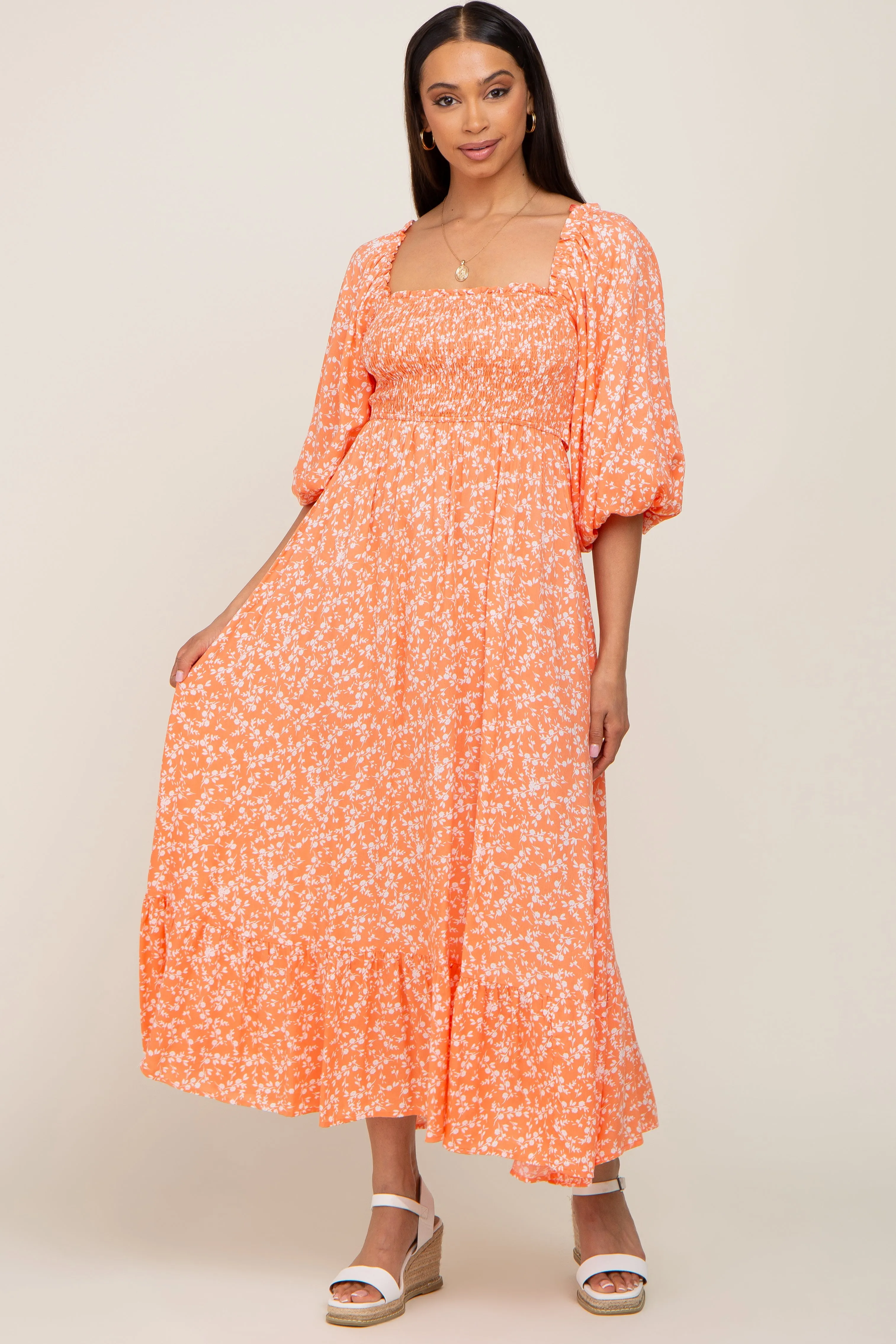 Coral Floral Smocked Tie Back Midi Dress sold by Pinkblush product image thumbnail 4