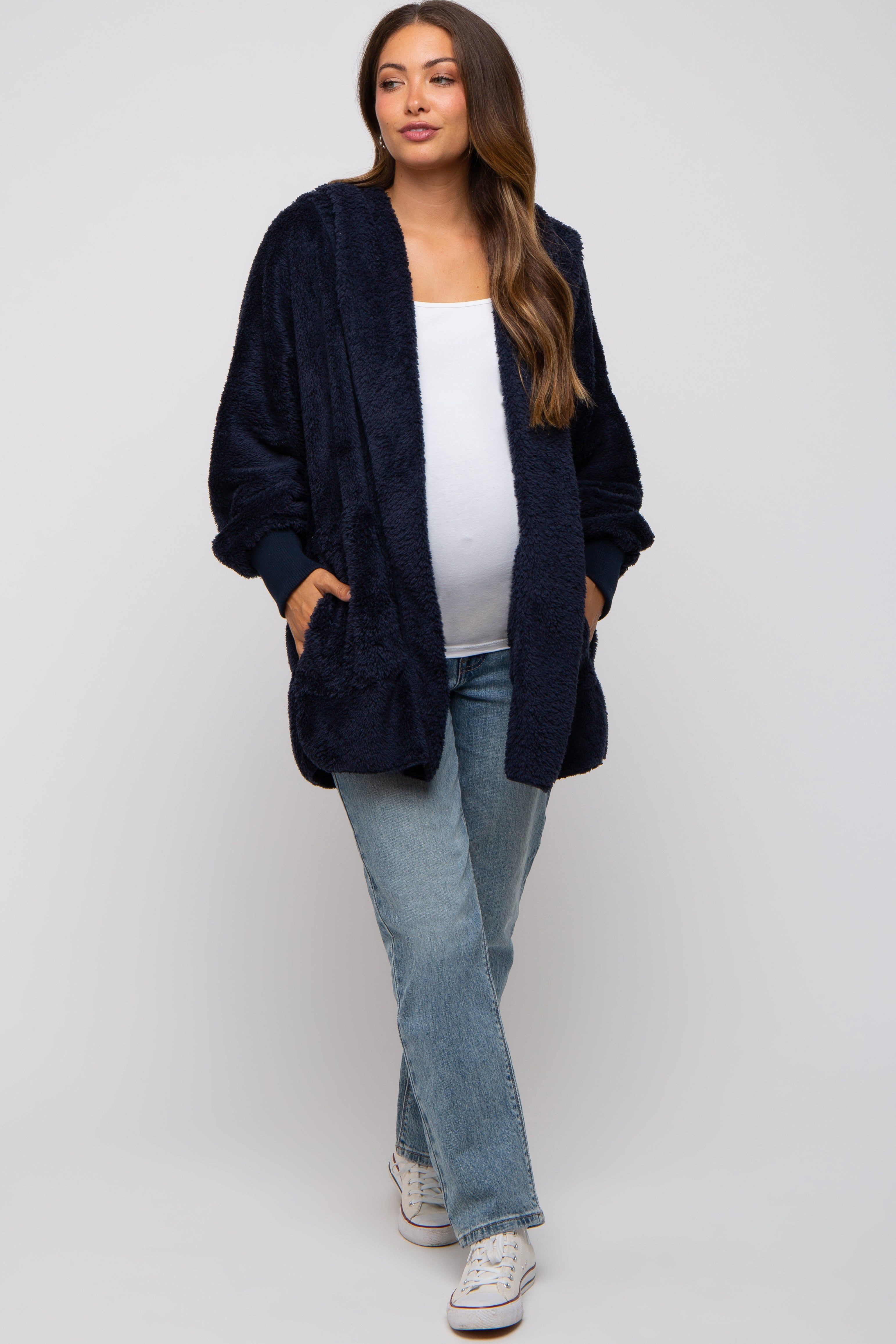 Navy Fuzzy Hooded Long Sleeve Maternity Jacket sold by Pinkblush product image thumbnail 4