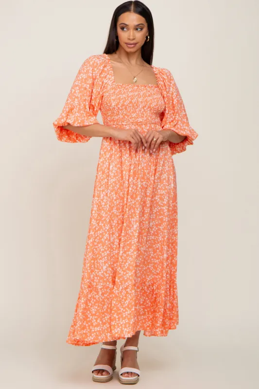 Coral Floral Smocked Tie Back Midi Dress sold by Pinkblush