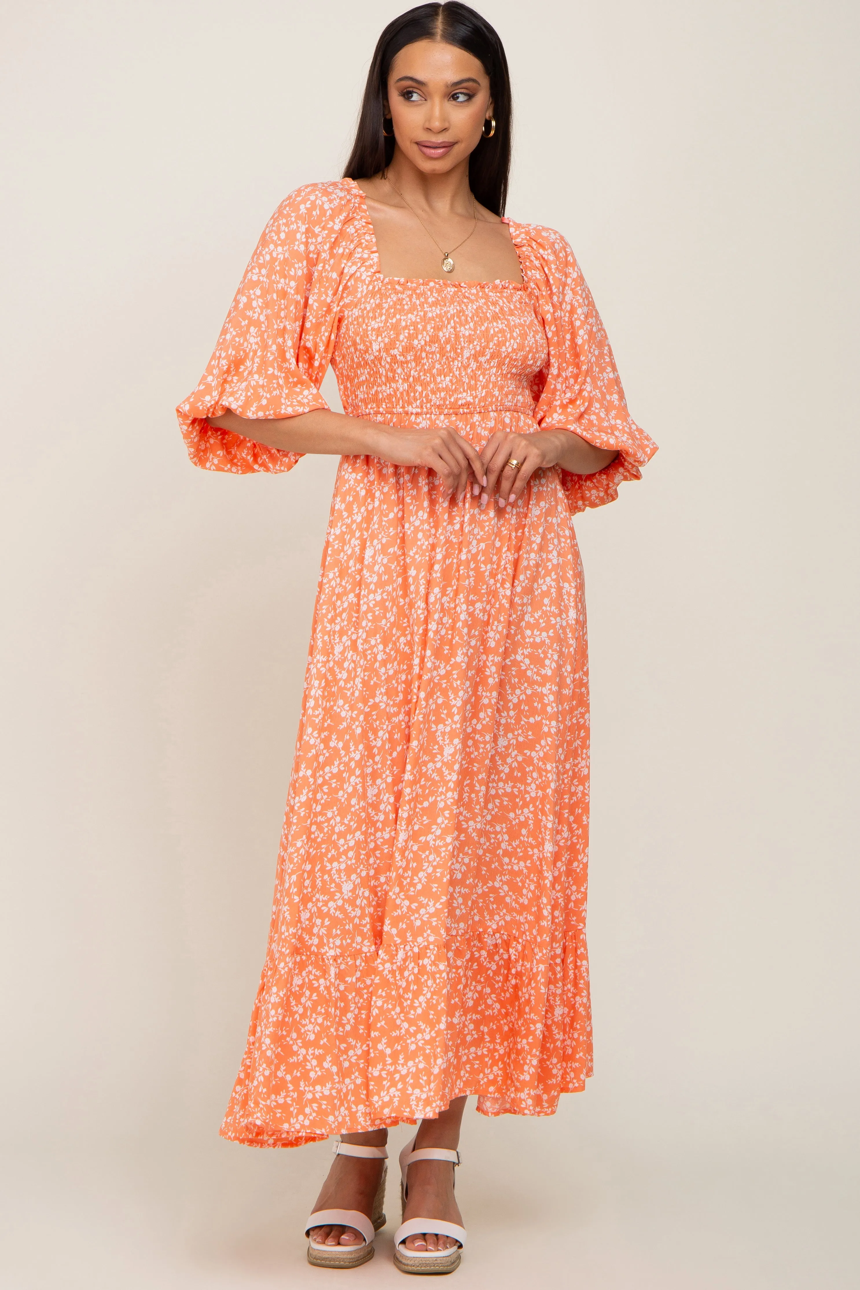Coral Floral Smocked Tie Back Midi Dress sold by Pinkblush