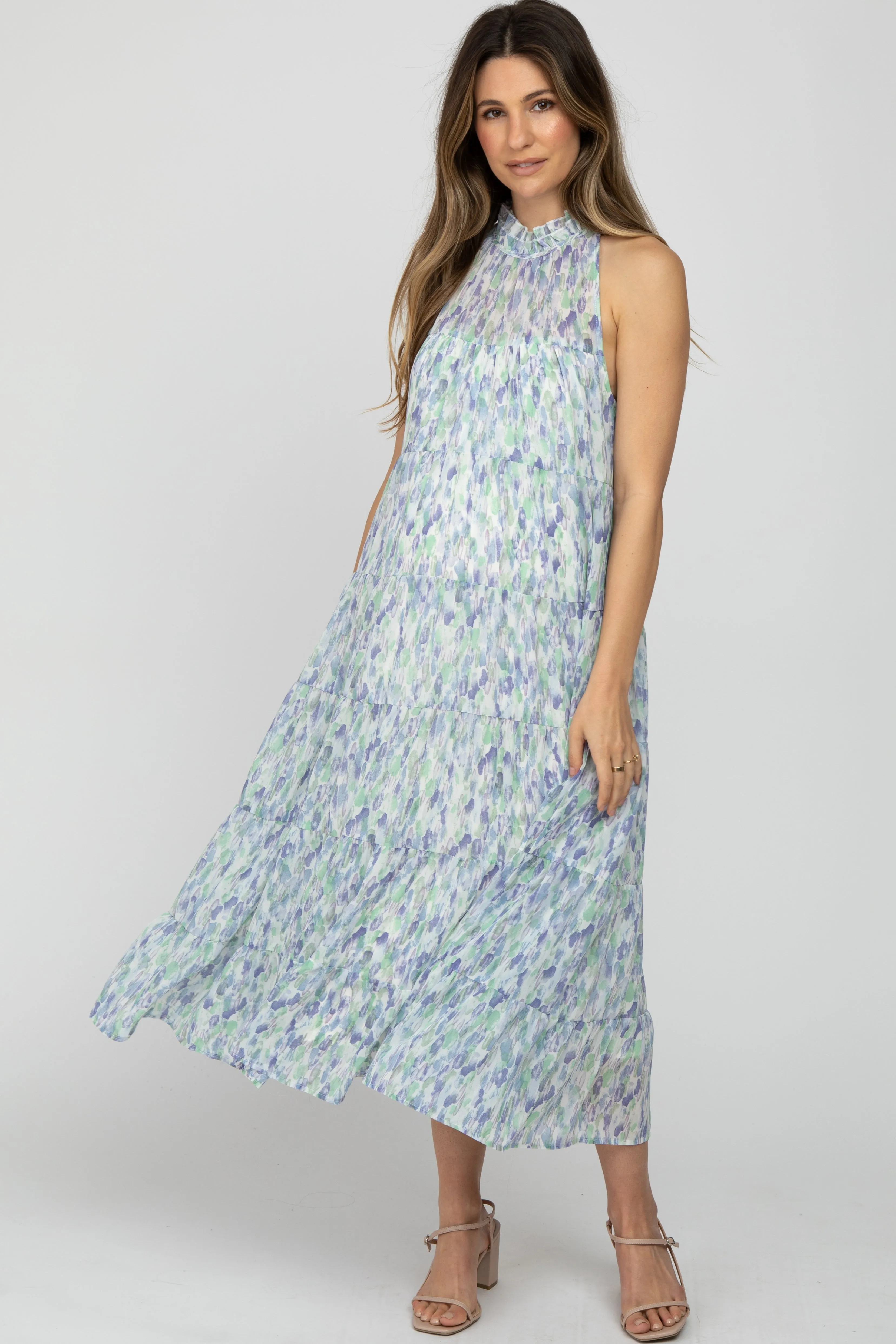 Blue Printed Sleeveless Tiered Maternity Midi Dress sold by Pinkblush