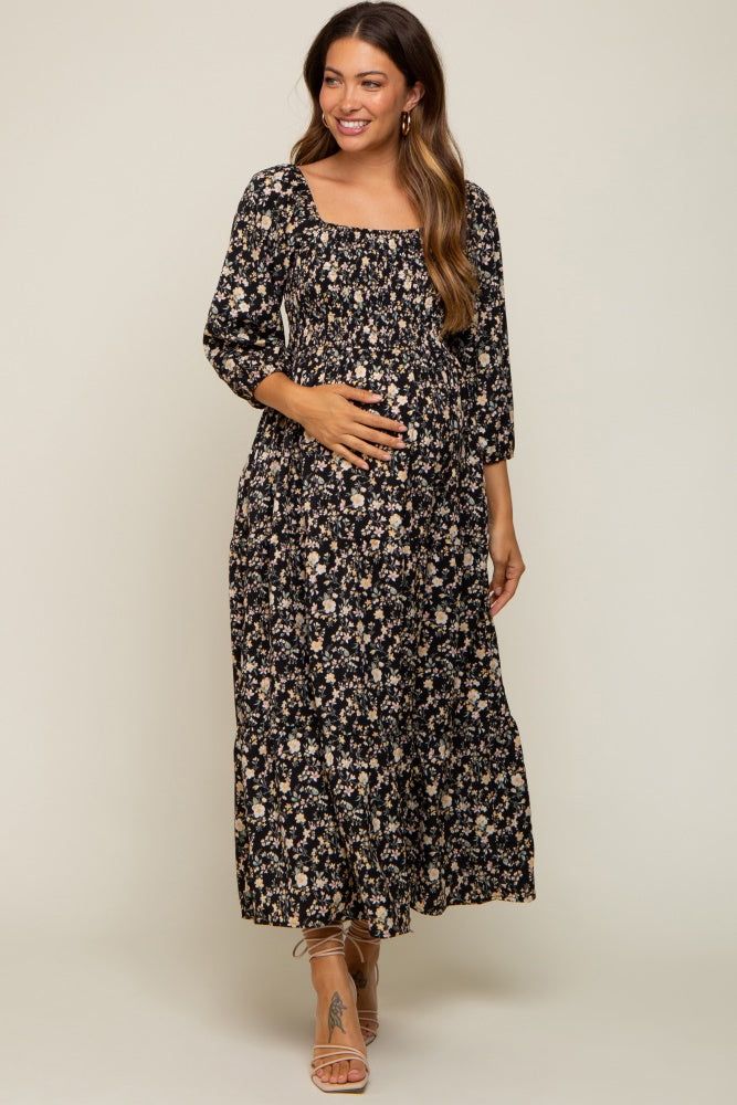 Black Floral Smocked Tiered Maternity Midi Dress sold by Pinkblush