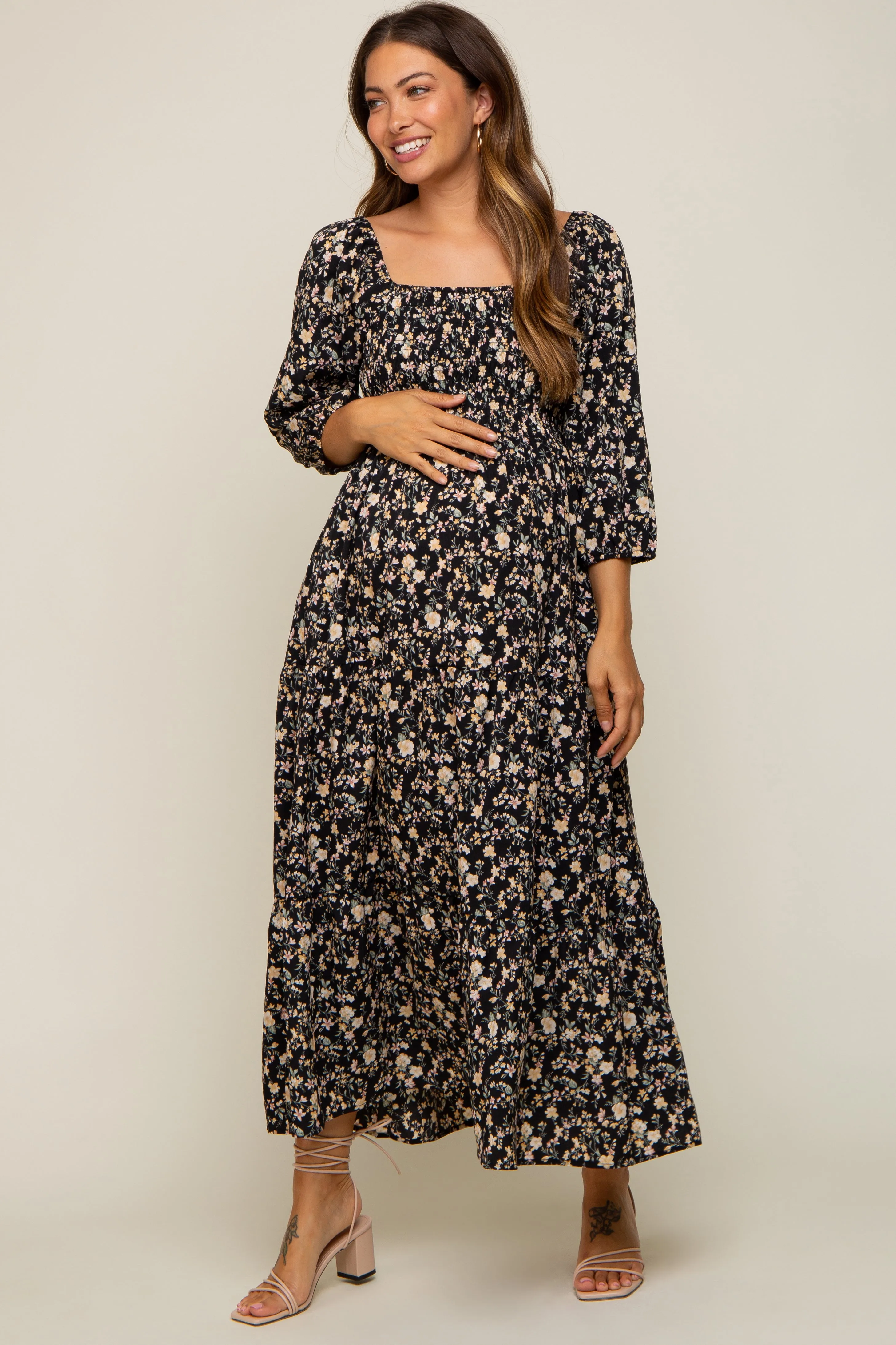 Black Floral Smocked Tiered Maternity Midi Dress sold by Pinkblush