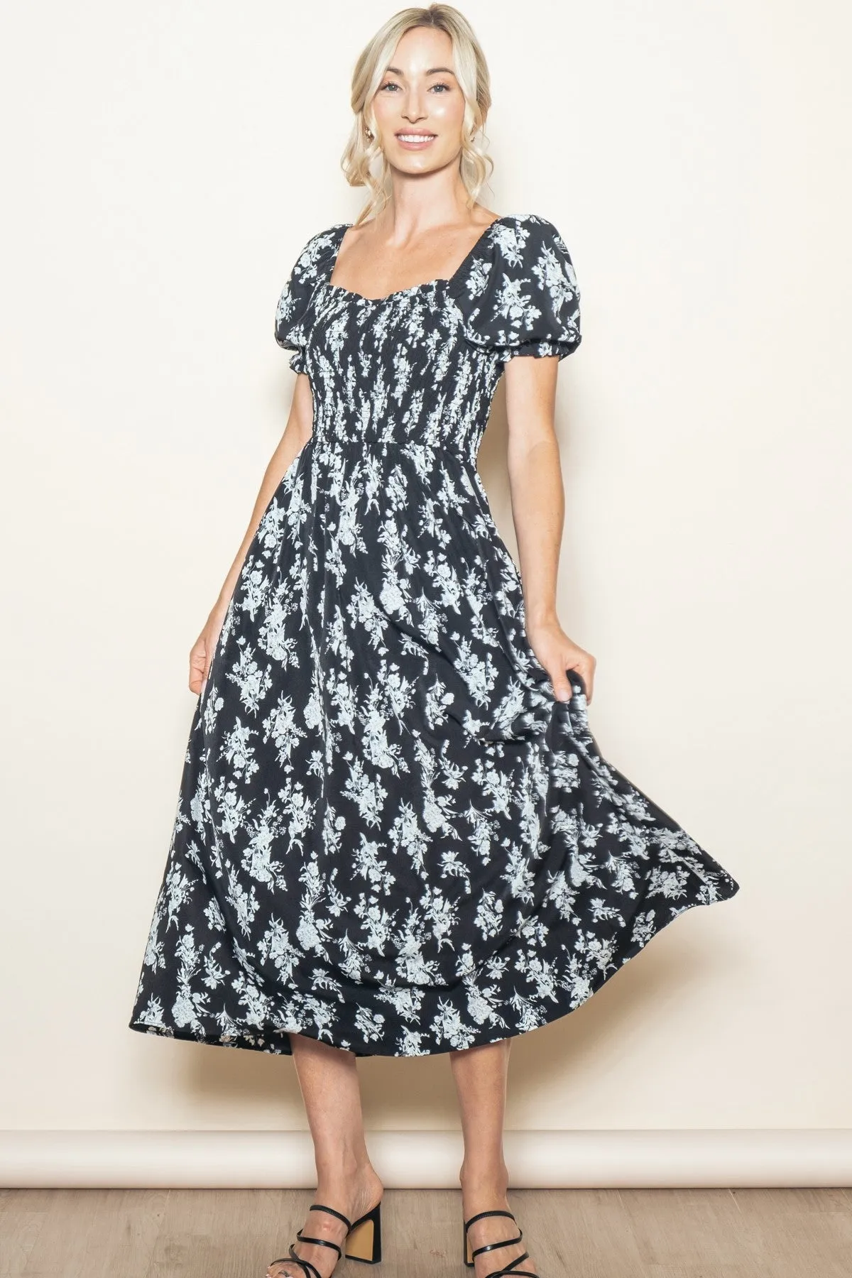 Black Floral Smocked Sweetheart Neckline Midi Dress sold by Pinkblush