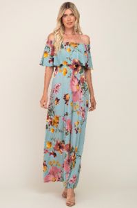 Mint Green Floral Off Shoulder Maternity Maxi Dress sold by Pinkblush