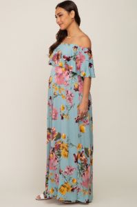 Mint Green Floral Off Shoulder Maternity Maxi Dress sold by Pinkblush