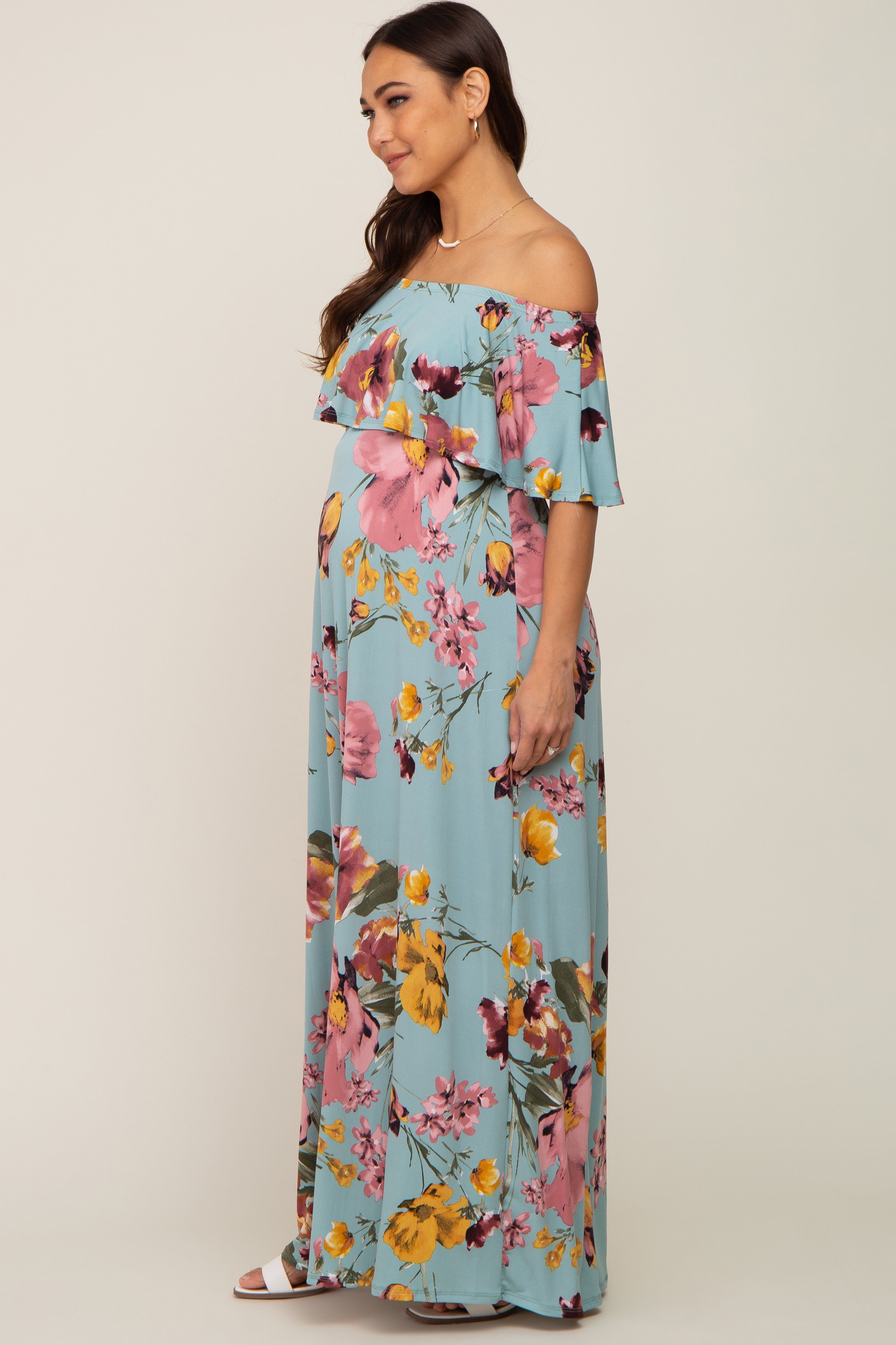 Mint Green Floral Off Shoulder Maternity Maxi Dress sold by Pinkblush product image thumbnail 2