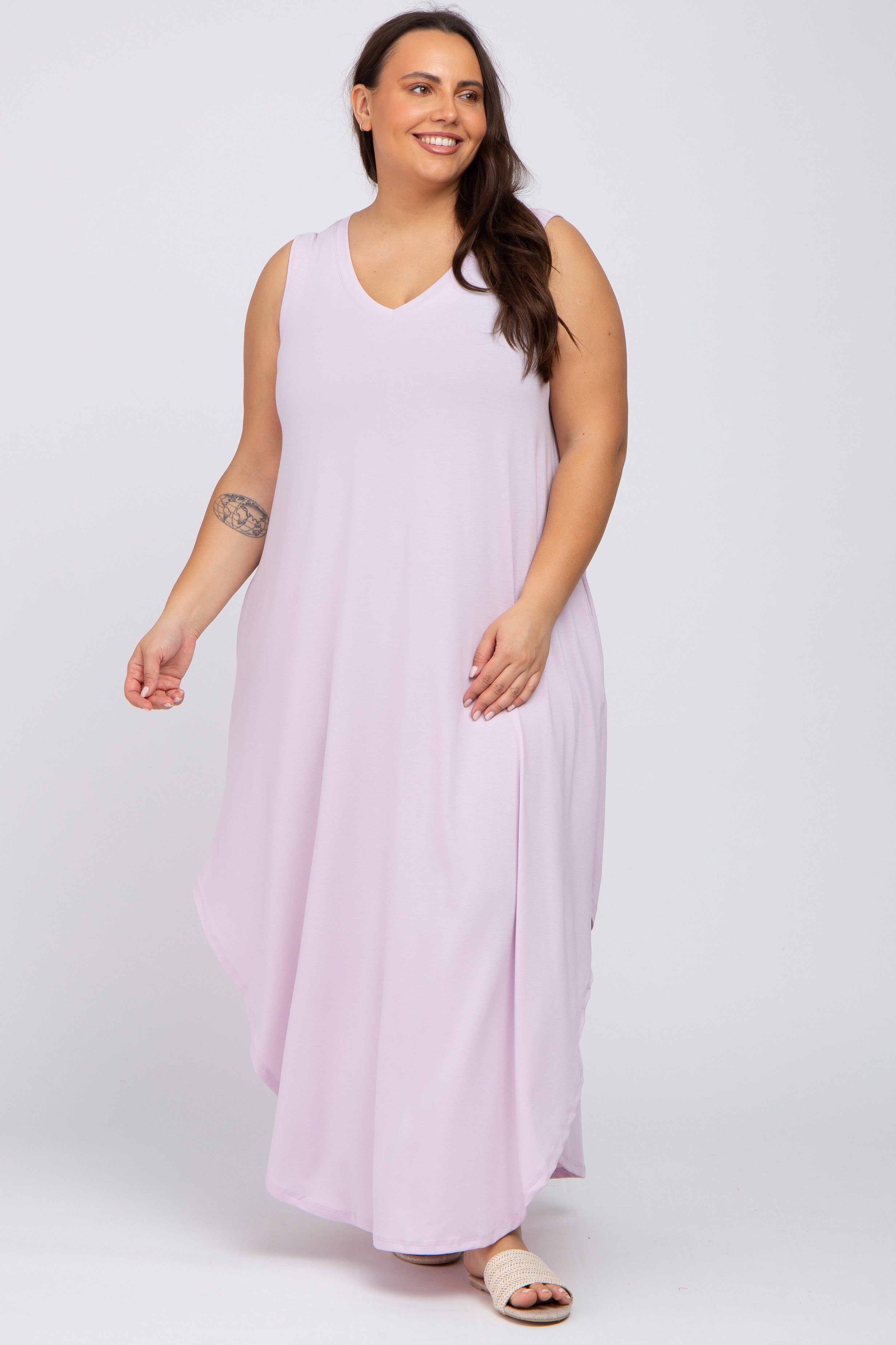 Lavender V-Neck Basic Plus Maxi Dress sold by Pinkblush