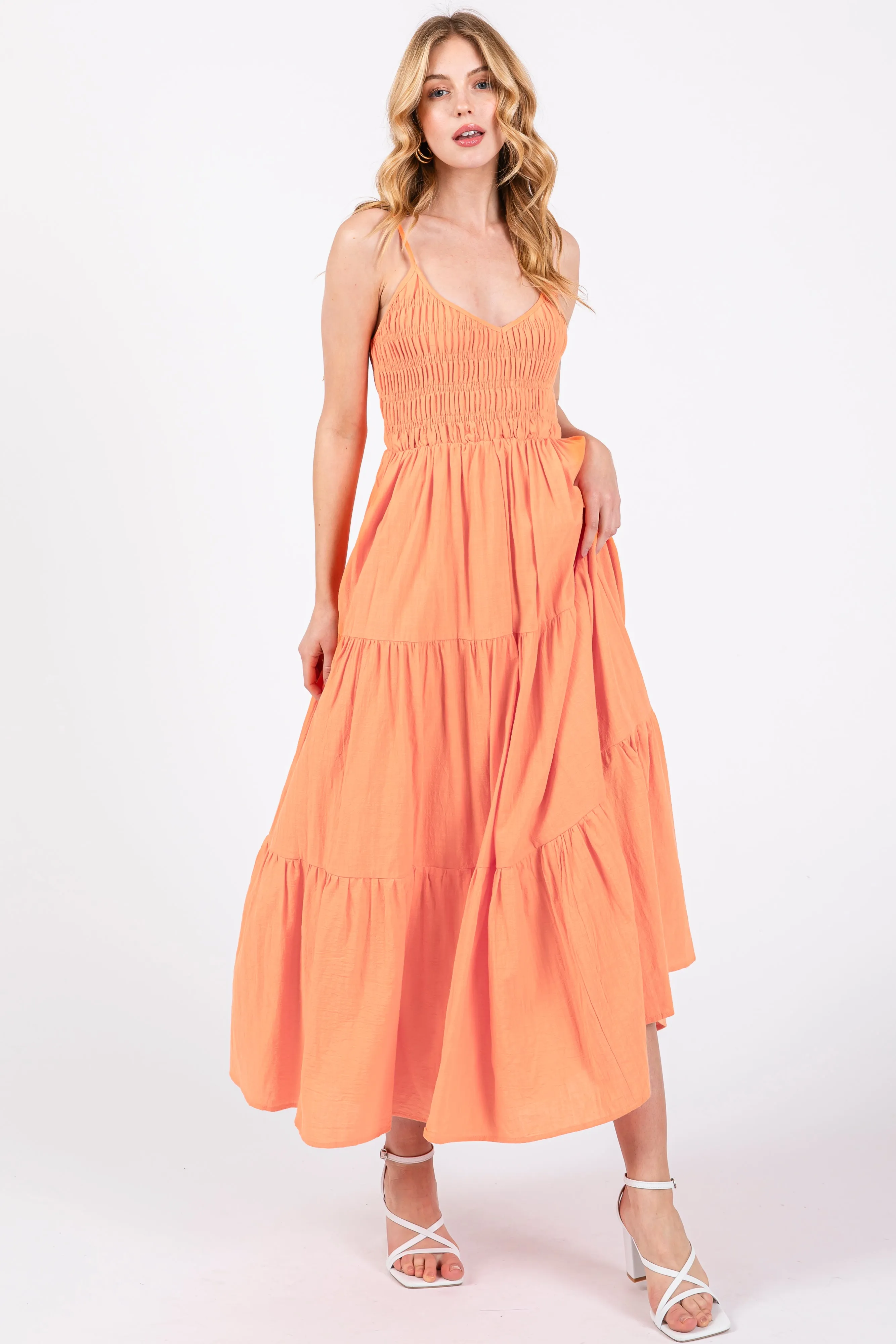 Orange Smocked V-Neck Sleeveless Tiered Midi Dress sold by Pinkblush product image thumbnail 4