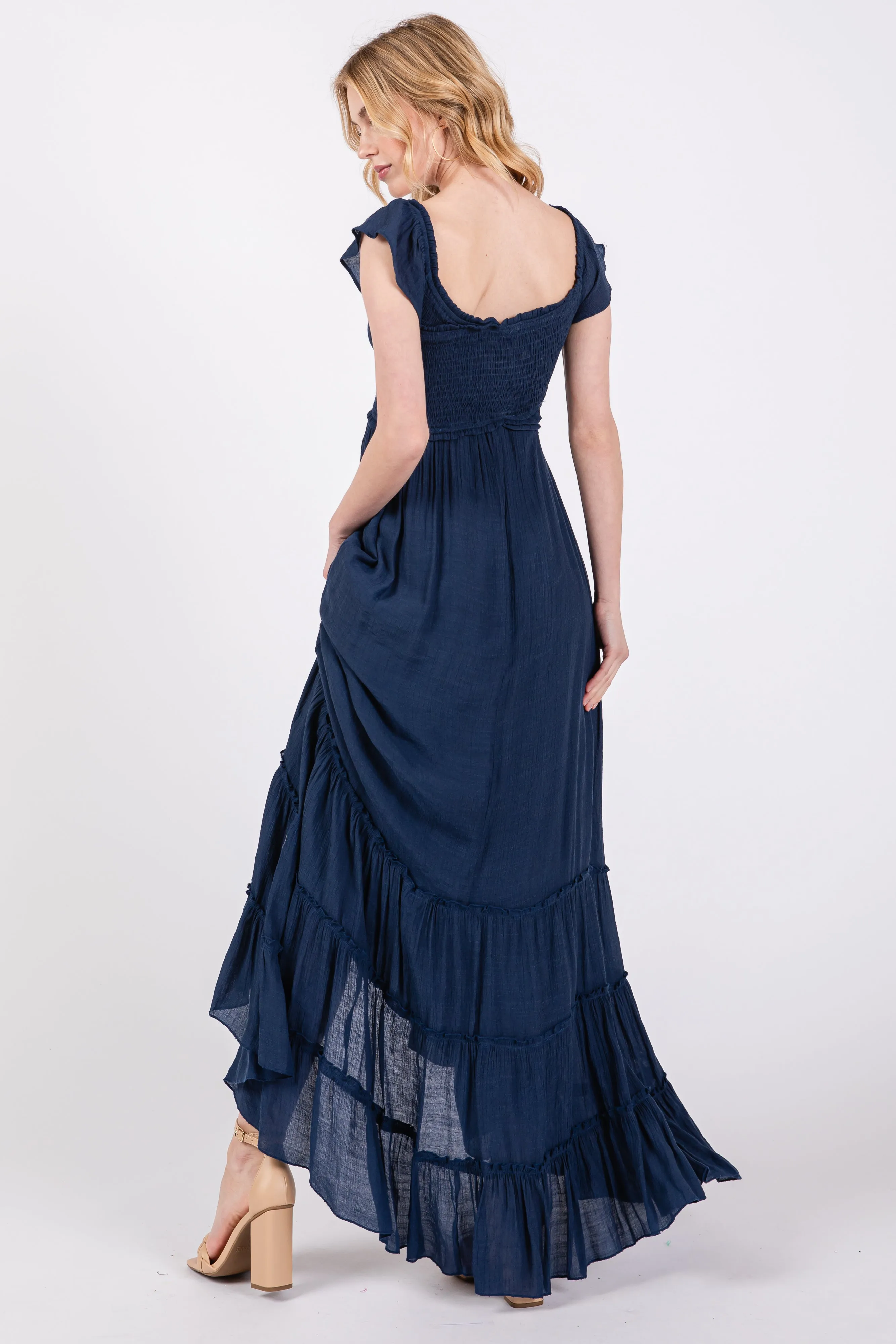 Navy Smocked Crossover Off Shoulder Maxi Dress sold by Pinkblush product image thumbnail 3